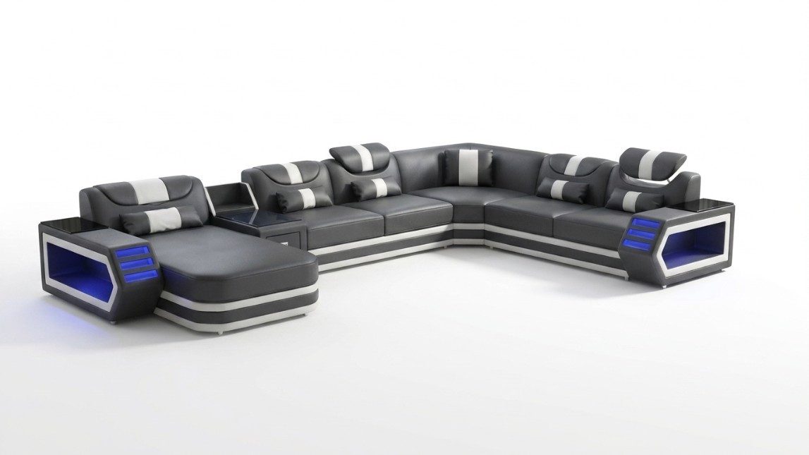 Xlmoebel Wohnlandschaft Luxuriöse U-Form Wohnlandschaft in Schwarz mit LED und Kissen, 1 Teile, Made in Europa