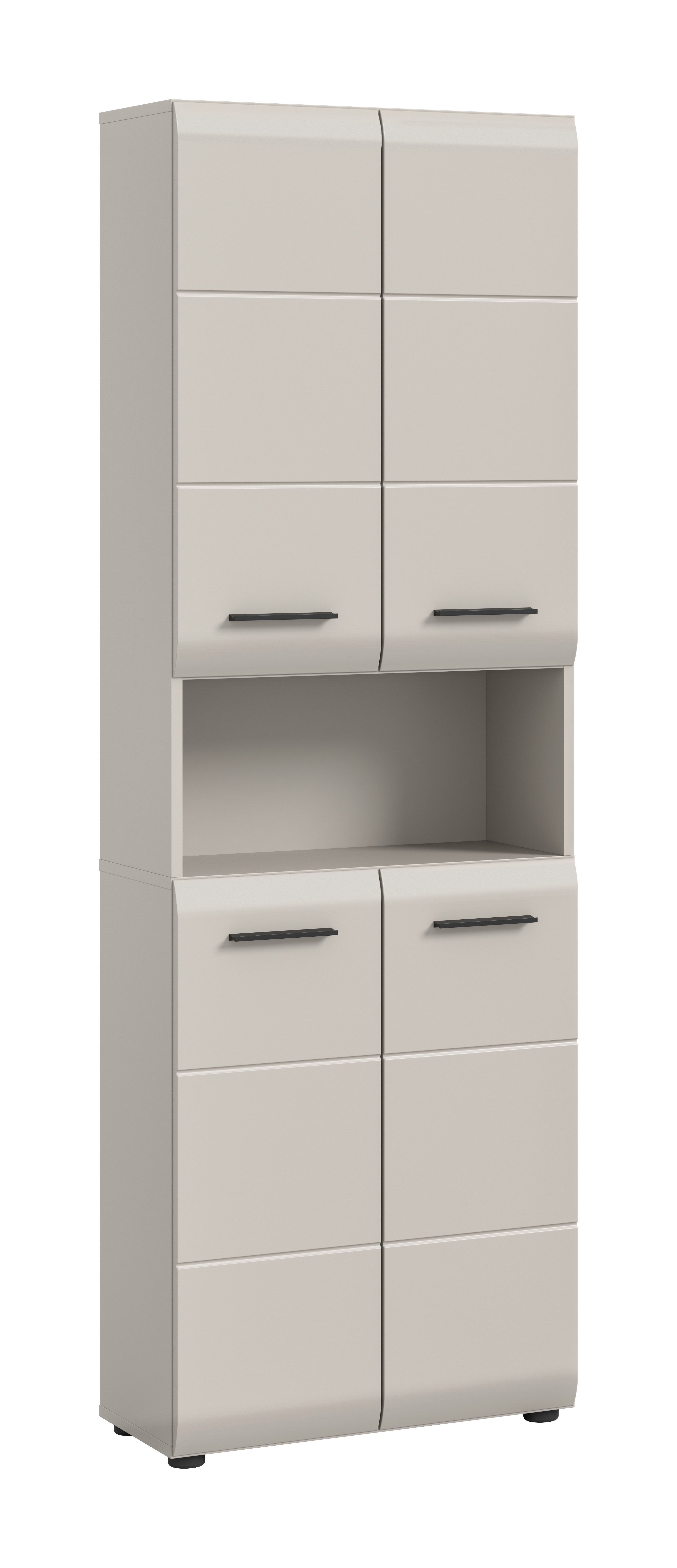 furnling Stauraumschrank Ivy - moderner Badschrank mit 4 Türen, 4 Einlegeböden, viel Stauraum offenes Fach, pflegeleichte MDF Front, Hochschrank, Kaschmir matt