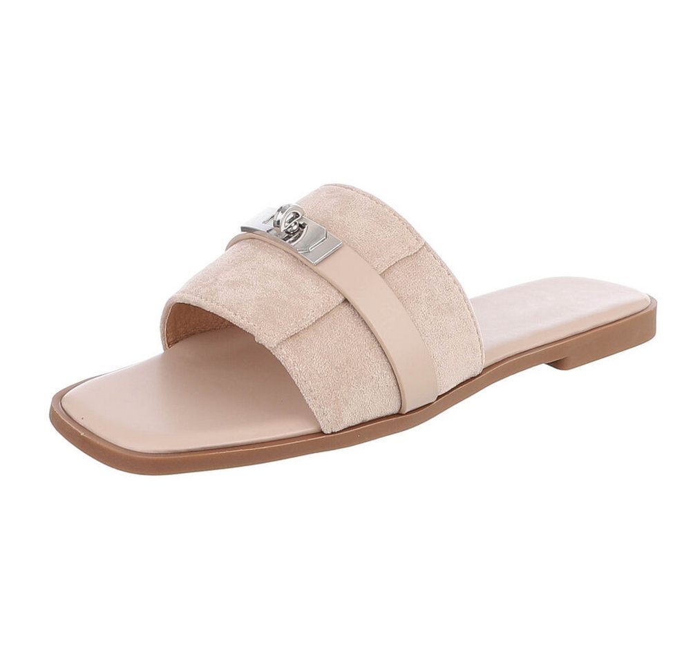Ital-Design Damen Pantolette mit Metall-Detail und flachem Fußbett Pantolette (91742338) Blockabsatz Pantoletten in Beige