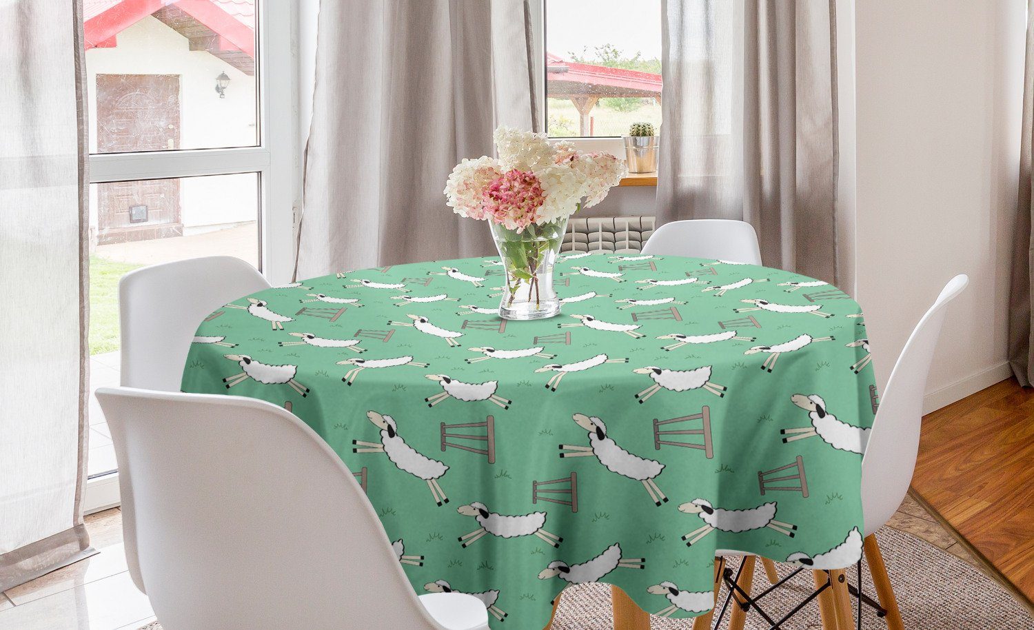 Abakuhaus Tischdecke Kreis Tischdecke Abdeckung für Esszimmer Küche Dekoration, Schaf Fluffy Tier über einen Zaun
