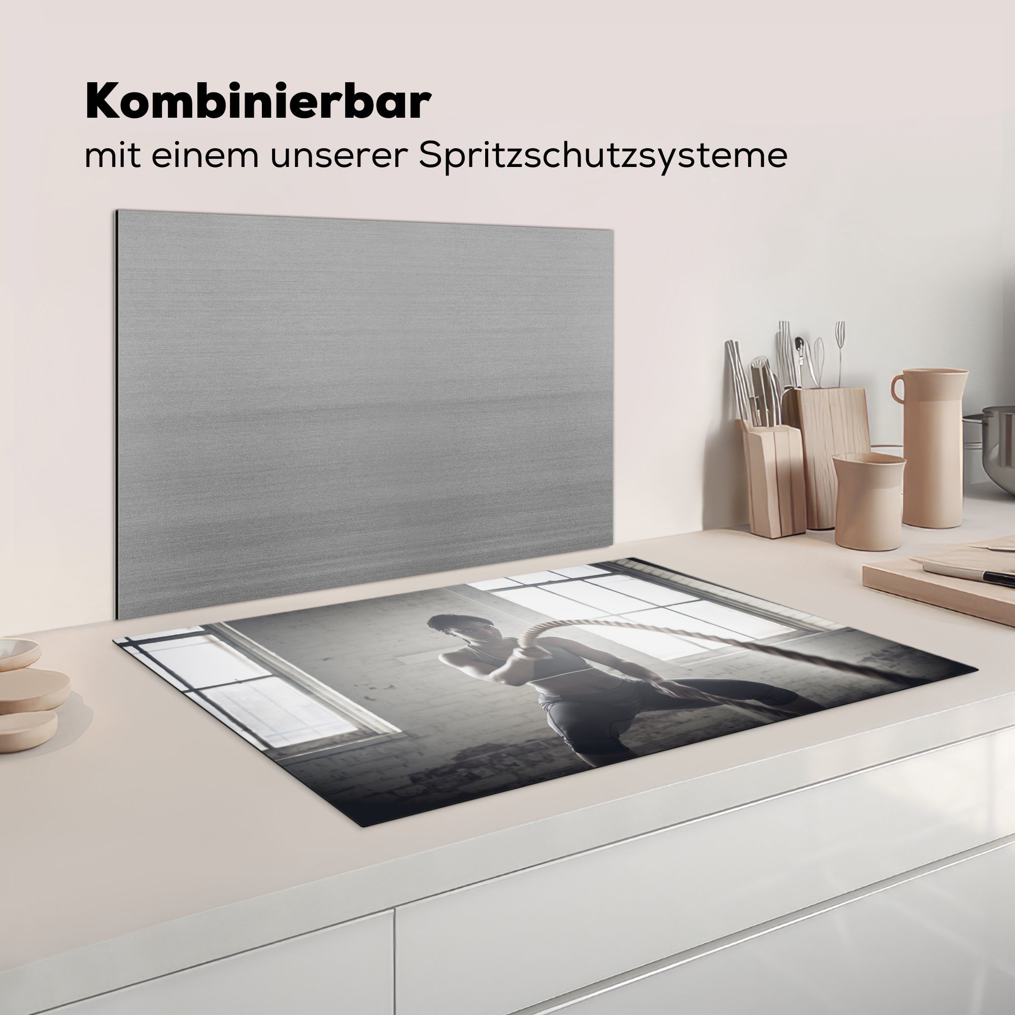 mit Eine Induktionskochfeld Ceranfeldabdeckung zwei küche, Herdblende-/Abdeckplatte die Frau cm, für Vinyl, (1 Seilen, 81x52 trainiert tlg), Schutz MuchoWow