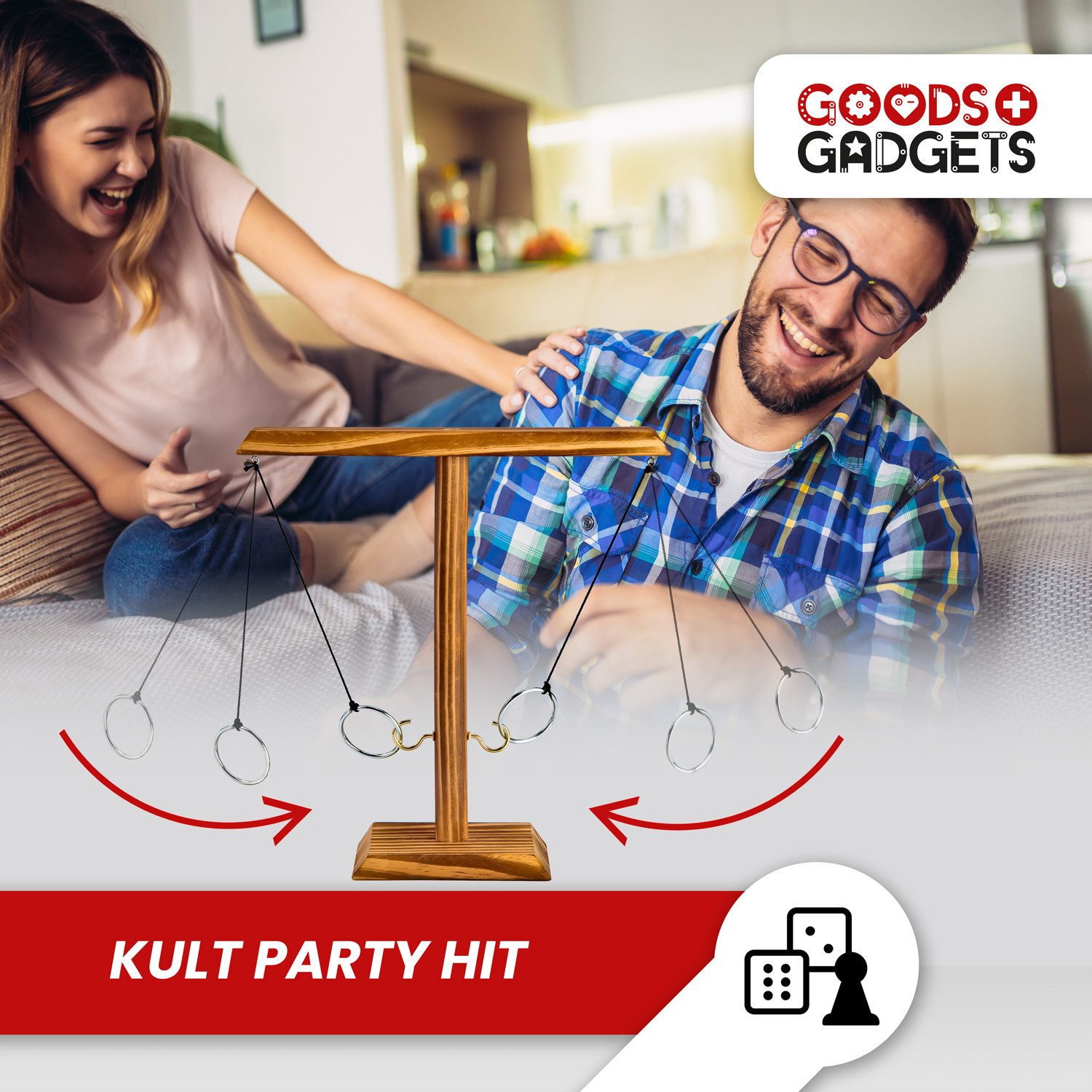 Goods+Gadgets Spiel GOODS+GADGETS Holz Ringwurf Spiel – Aktion Hakenspiel für 2 Spieler, Ringwurfspiel Deluxe, Ring Toss Hook Battle-Game