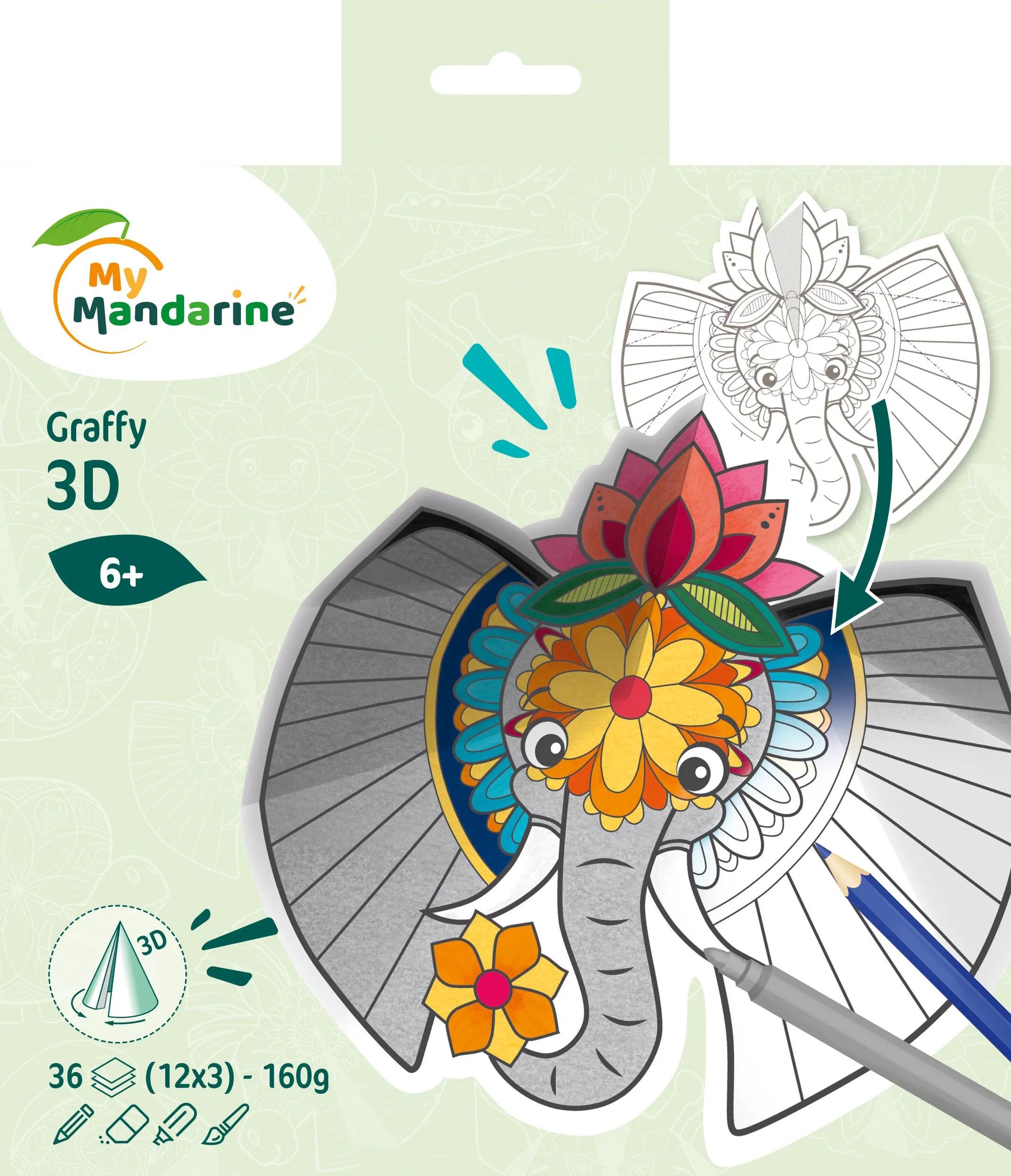 Avenue Mandarine Malvorlage 5x Graffy Pop Mandala 3D, Tiere der Savanne - Mehrfarbig GY106C, Ausmalbuch
