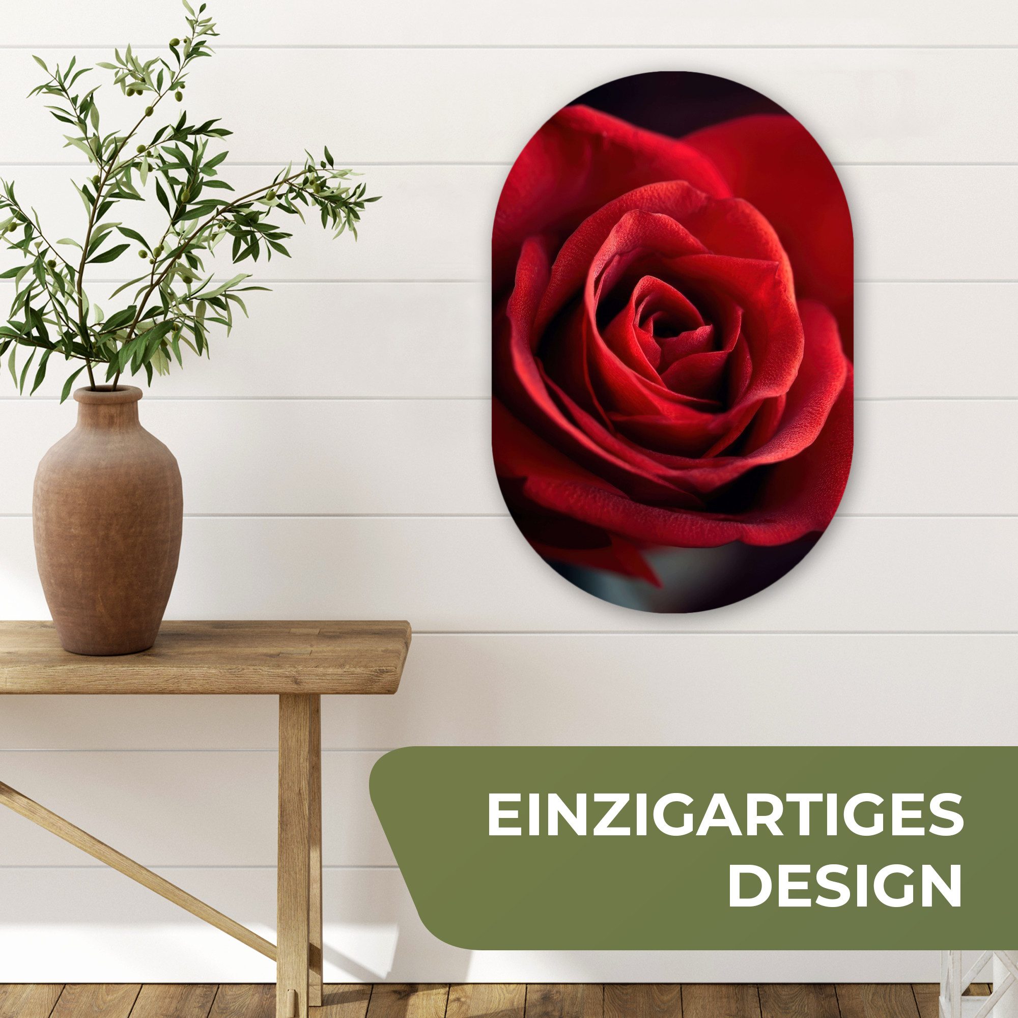 MuchoWow Gemälde Rot - Rose - Romantisch, Fotodruck (1 St), Wandbild Oval, Wohnzimmer oder Schlafzimmer Wanddekoration, 40x60 cm