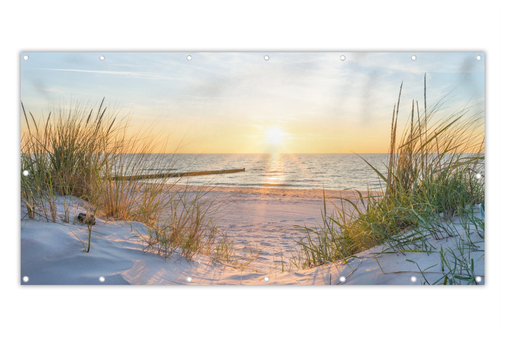 MuchoWow Balkonsichtschutz Strand - Sonne - Düne - Gras - Sand - Horizont (1-St) Balkonbanner, Sichtschutz für den Balkon, Robustes und wetterfest