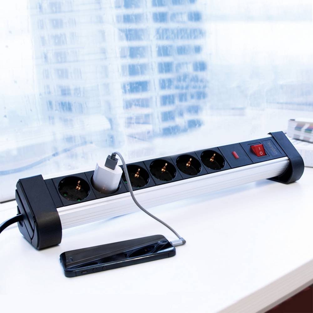 LogiLink Tisch-Steckdosenleiste 6-fach (6x erhöhter Schutzkontakt), mit Schalter Steckdosenleiste, Berührungsschutz