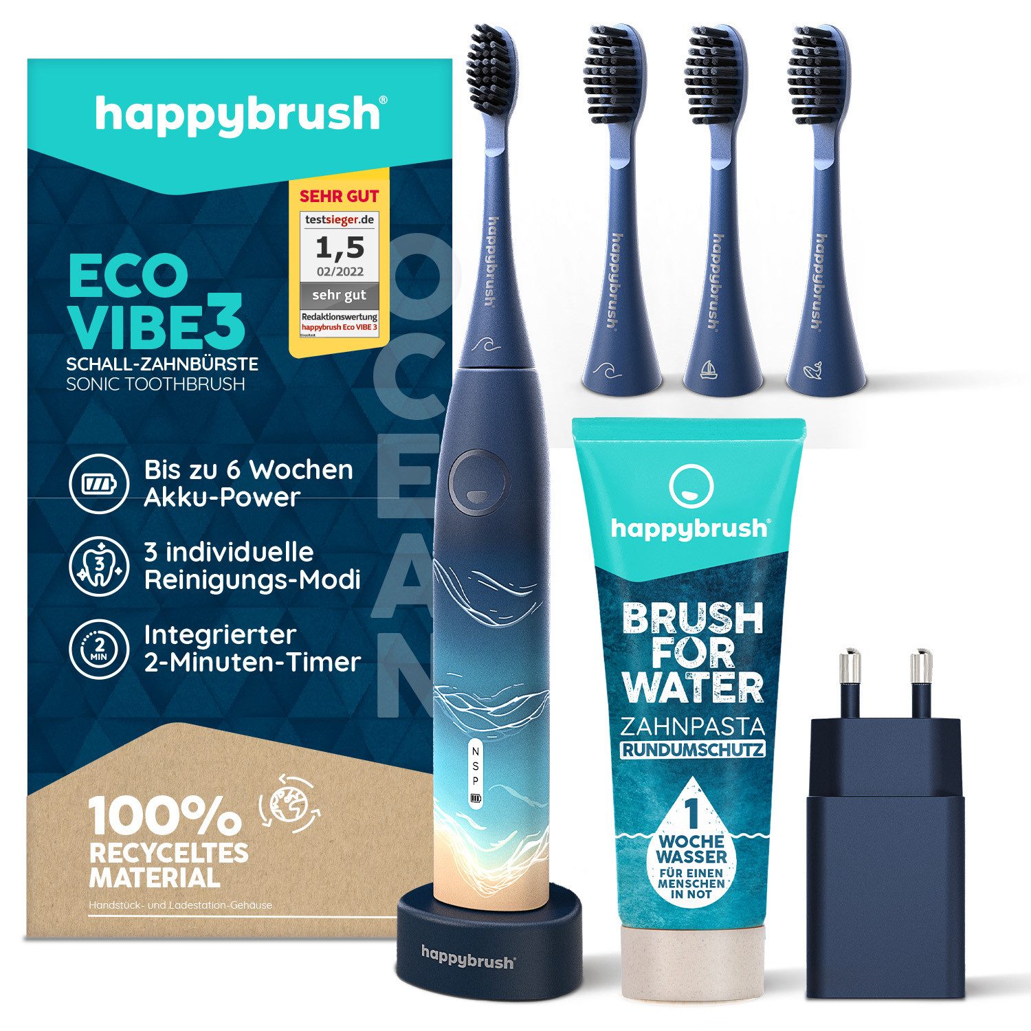 happybrush Schallzahnbürste Eco VIBE 3 Ocean Set, Aufsteckbürsten: 4 St., Eco Vibe 3, 3 individuelle Putz-Modi, Schalltechnologie