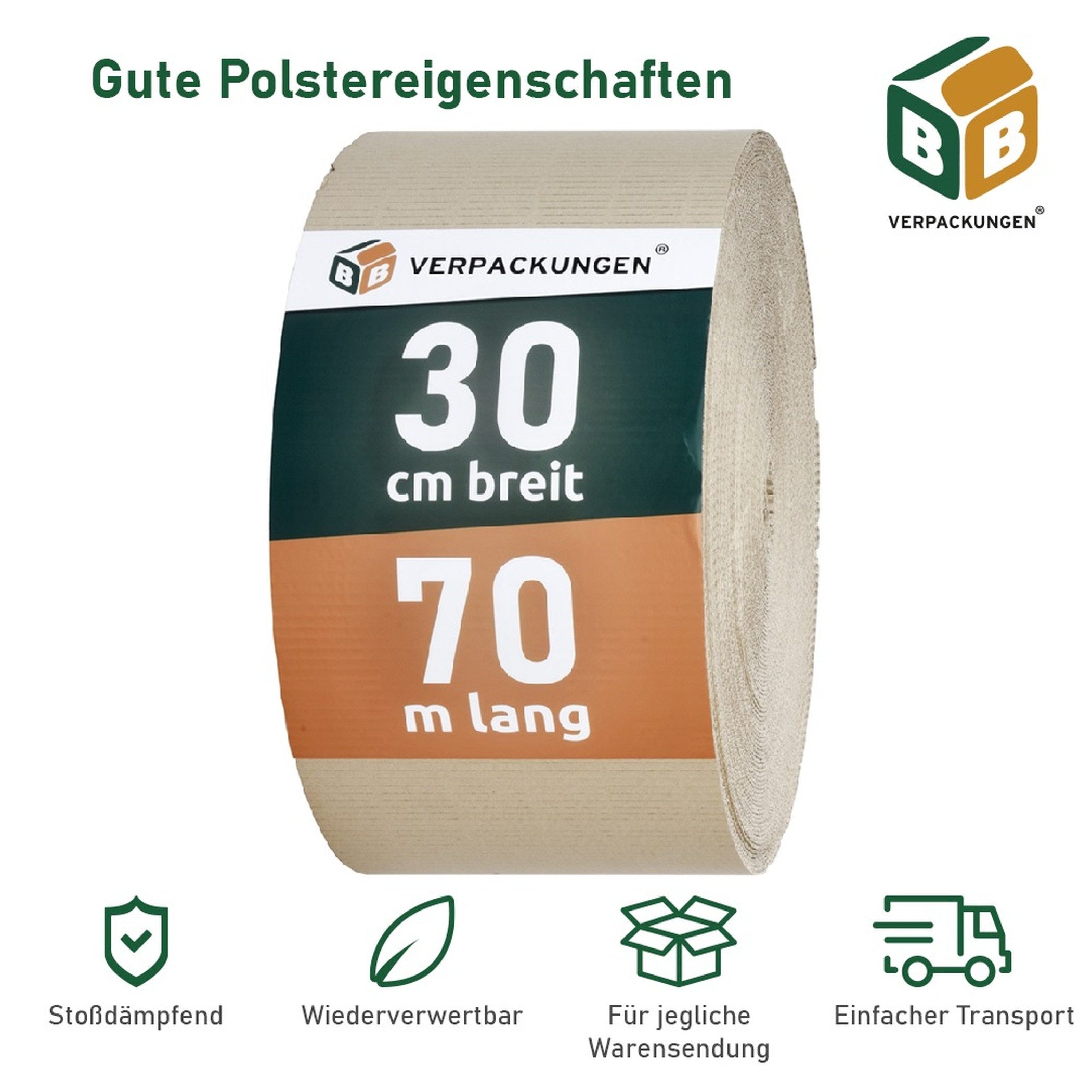 BB-Verpackungen Packpapier Rollenwellpappe 21 m², (1St), Braun, 0,3 m x 70 m, 75 g/m², C-Welle