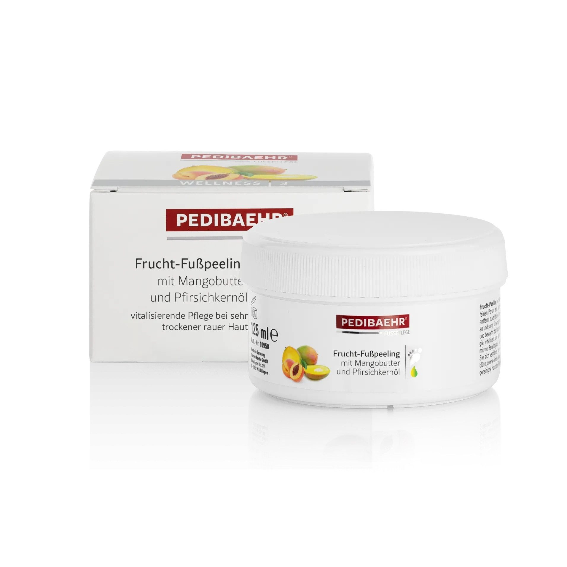 Pedibaehr Fußbutter Pedibaehr Frucht-Fußpeeling mit Mangobutter und Pfirsichkernöl 125ml peelt mit Zucker & Jojobawachs, 1-tlg., rückfettend dank Avocadoöl & pflanzlichem Glycerin