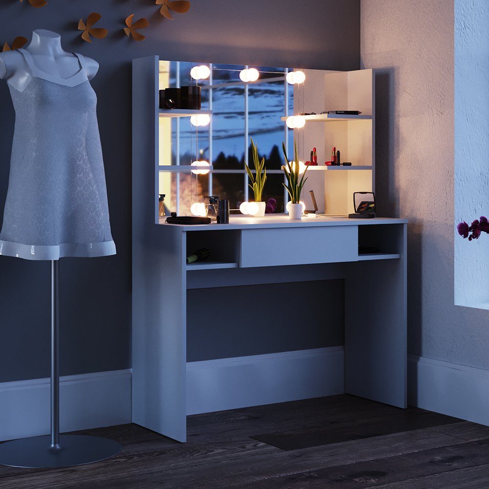 Schminktisch Daenerys, Weiß, 100 cm mit LED Beleuchtung