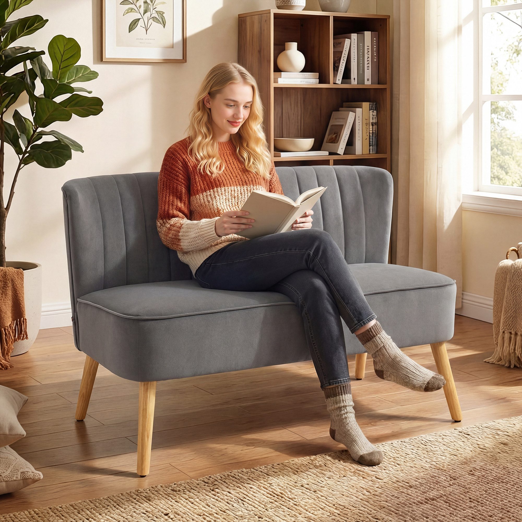 HOMCOM 2-Sitzer Sofa, Kleine Loveseat mit Samt-Optik, für Schlafzimmer, Polstersofa 1 Teile, für Wohnzimmer, Dunkelgrau