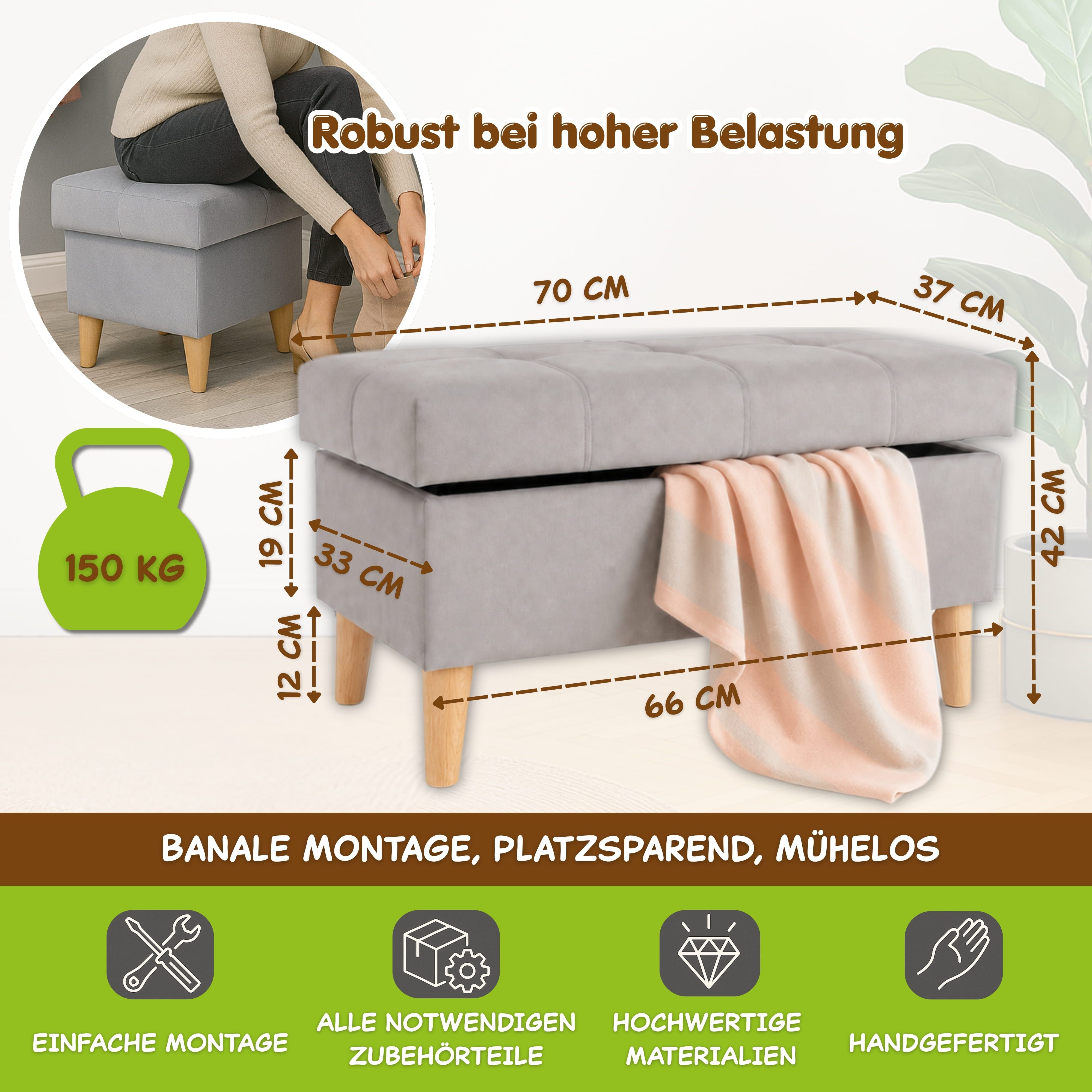 Outentin Hocker Velvet Puff Hocker mit Stauraum - 5 Farben, M/L Polsterhocker klappbar (Fusshocker & Fußablage, Sitzwürfel Ottoman), 150 kg Belastbarkeit, 36 × 36 × 41 cm & 70 × 37 × 42 cm