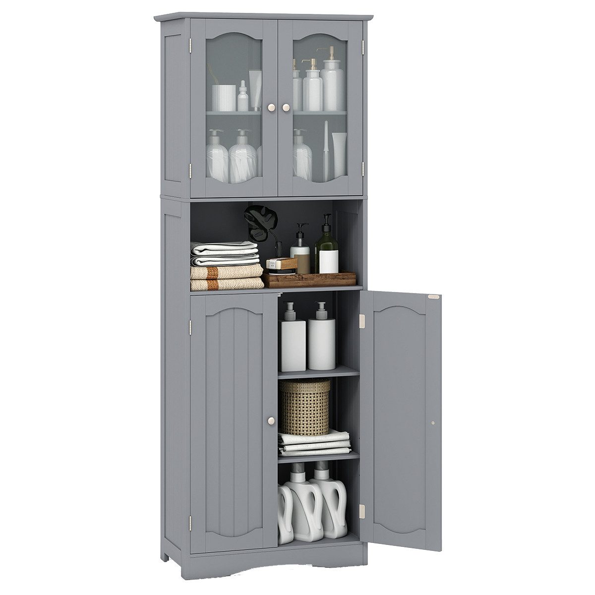 COSTWAY Hochschrank Küche, Badezimmerschrank, mit 4 Türen & Fach, Weiß günstig online kaufen