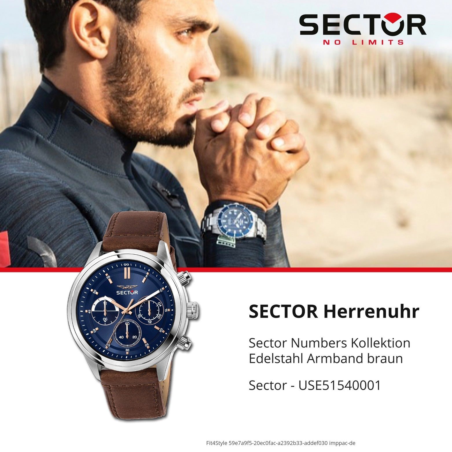 Sector Sector Multifunktionsuhr Herren Armbanduhr (ca. Multifunktion, Armbanduhr eckig, Lederarmband extra Herren braun groß 54x57mm),
