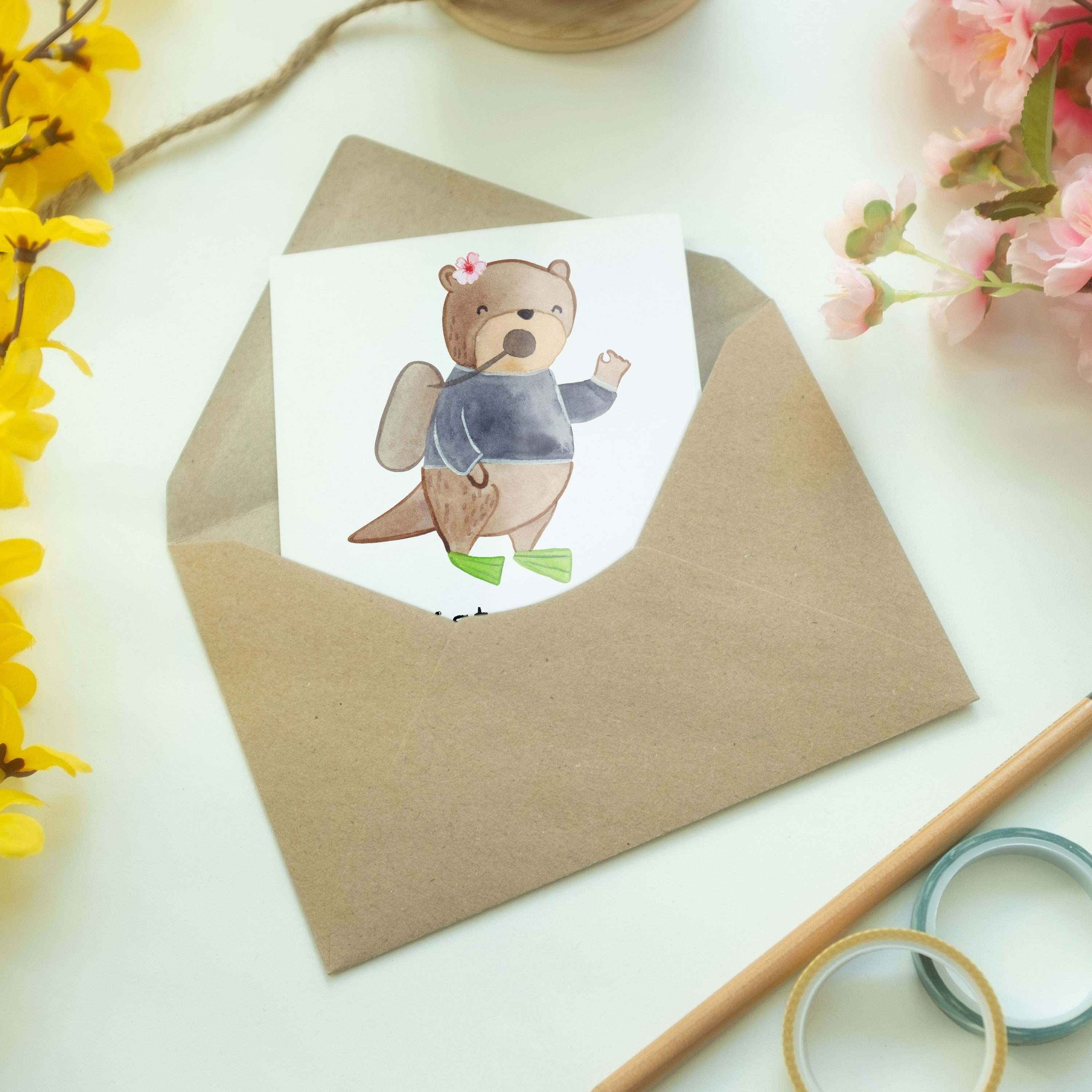 Grußkarte Geschenk, Klappkarte, Herz & Hochzeitskarte Weiß Mr. Mrs. Panda - Tauchlehrerin mit -