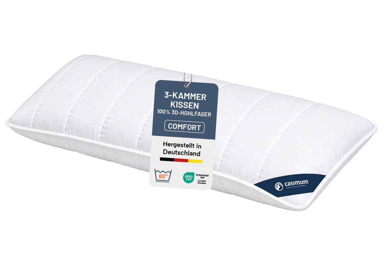 casimum 3-Kammer-Kopfkissen COMFORT Kissen 3D-Hohlfaser (Außen), Füllung: 3D-Hohlfaser, 100% Polyester (Außenkammer), Bezug: 100 % Baumwolle, Rückenschläfer, Seitenschläfer, pflegeleicht & komfortabel, weiches Kopfkissen 80x80, Kissen 40x80cm