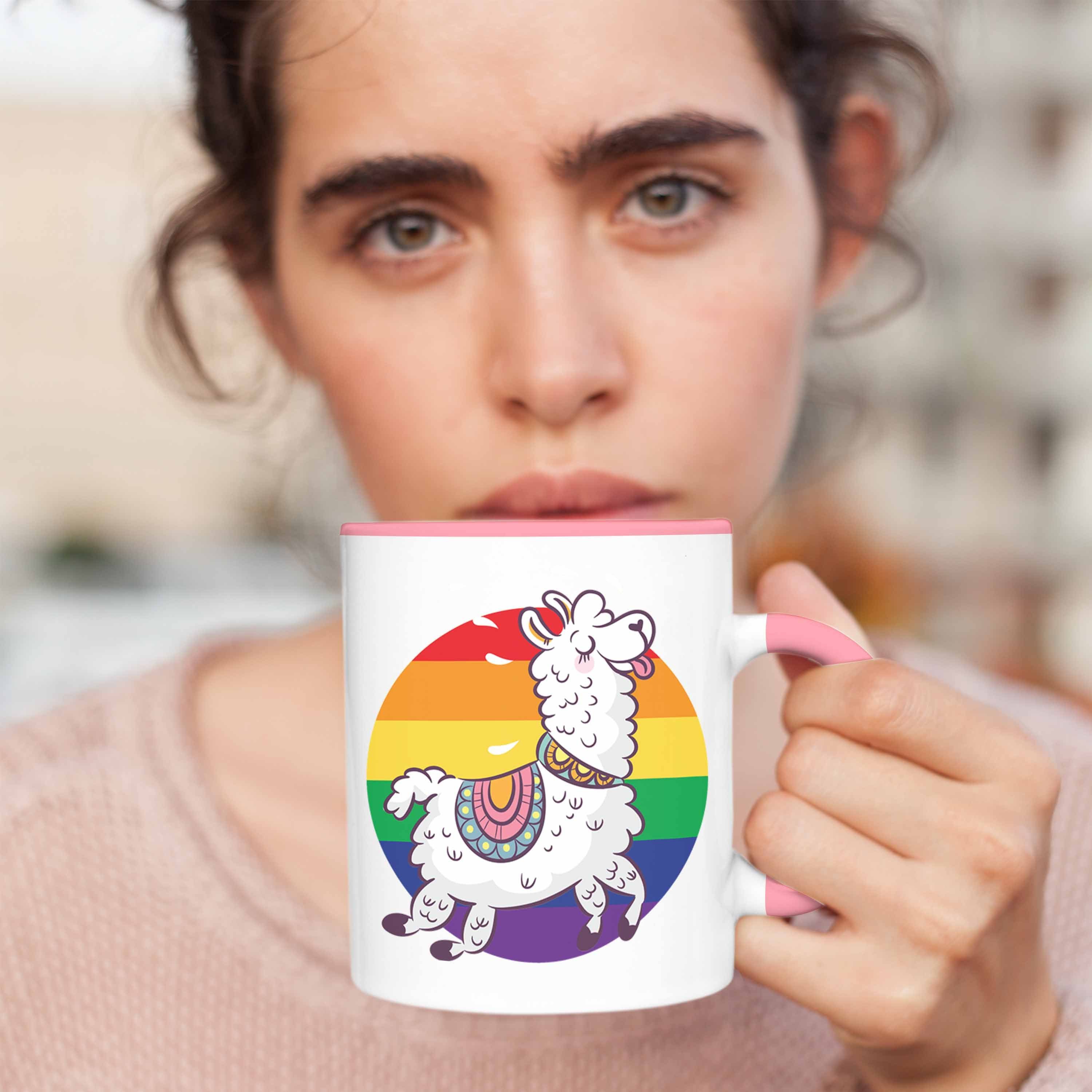 Trendation Tasse Trendation - Regenbogen Geschenk LGBT Lesben Tolles Tasse Rosa Grafik Schwule Pride Llama Transgender