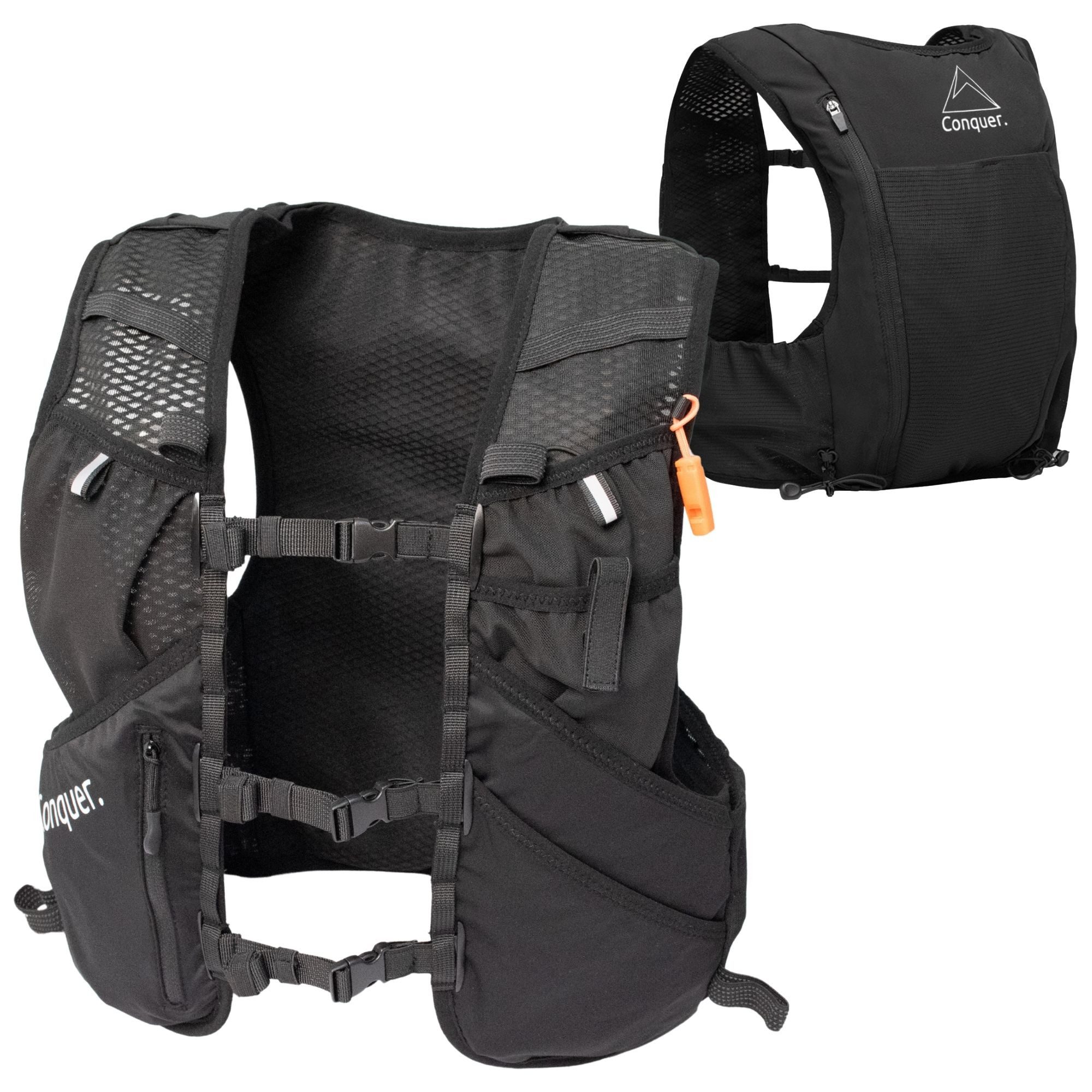 Conquer. Trinkrucksack 5L Damen & Herren – Ultraleichte Laufweste, Laufrucksack, Kangoroofach, Fronttaschen, Reißverschlussfach