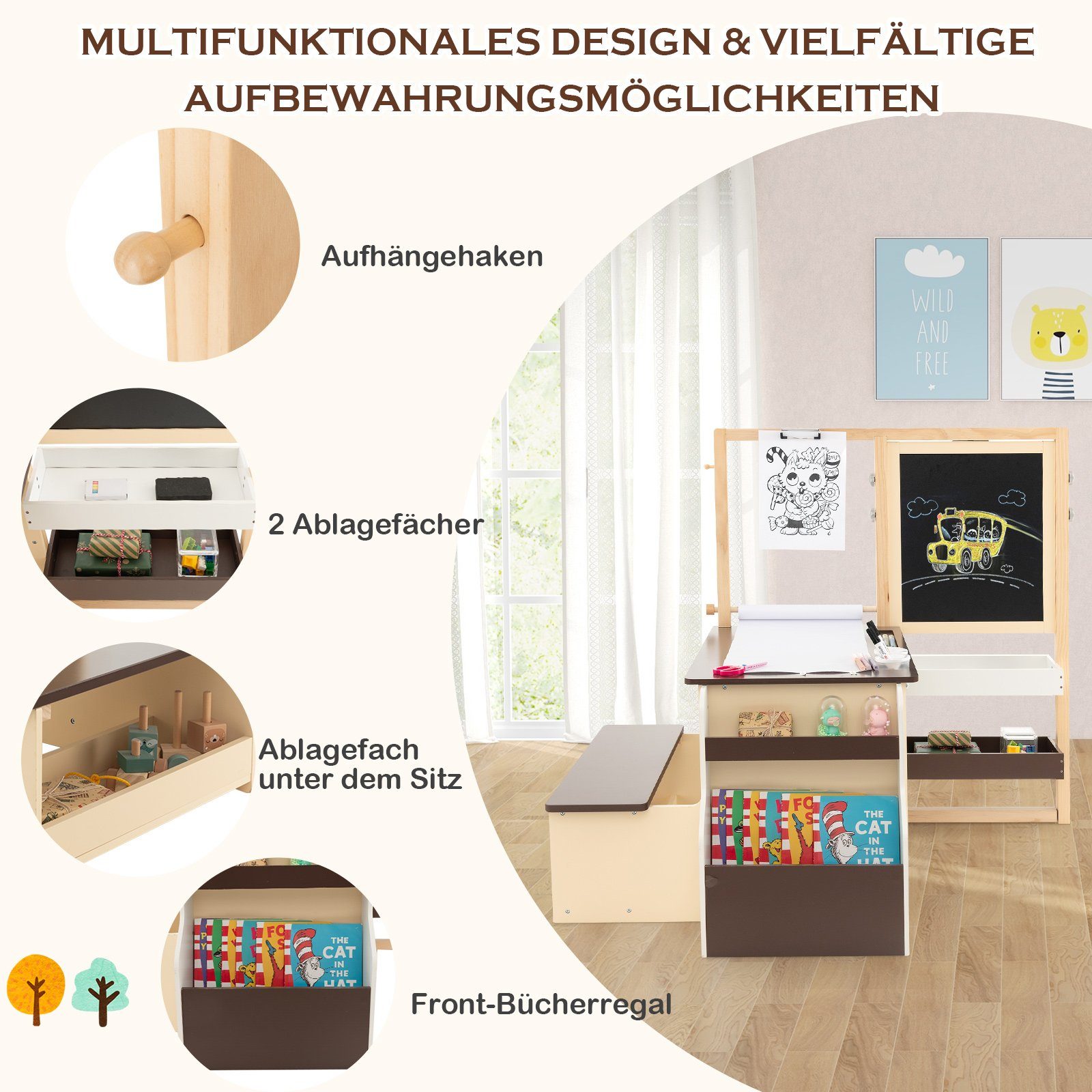 COSTWAY Standtafel 6 in 1 Kinder Staffelei Set, mit Bank – Bild 3 von 5