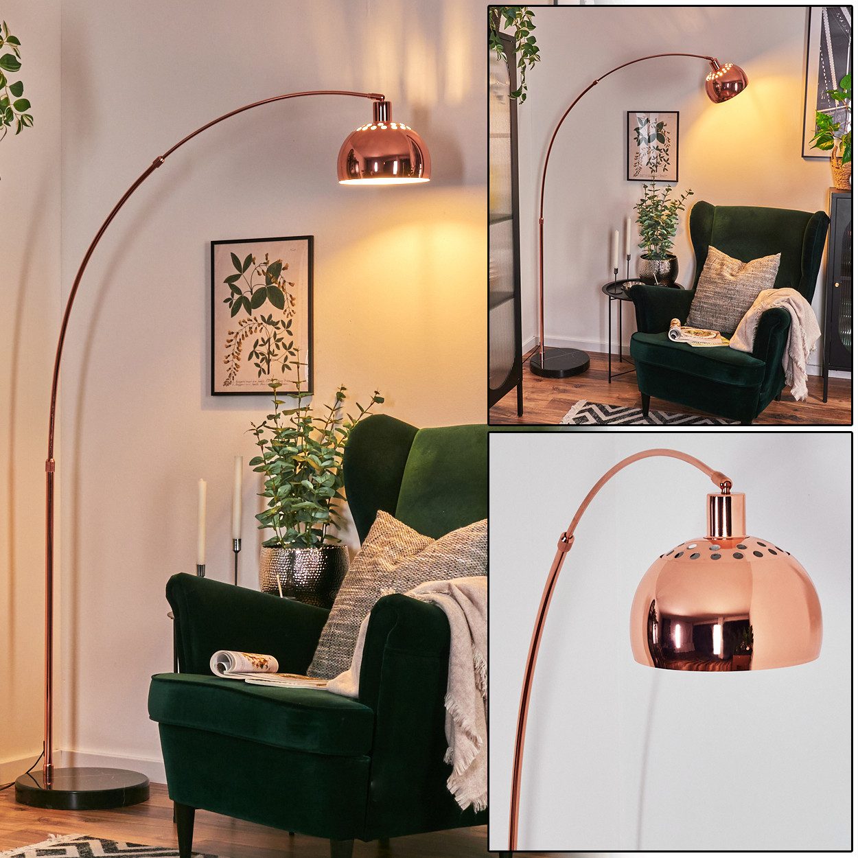 Bogenlampe Stehlampe aus Metall mit Marmorfuß in Schwarz/Kupferfarben/Weiß