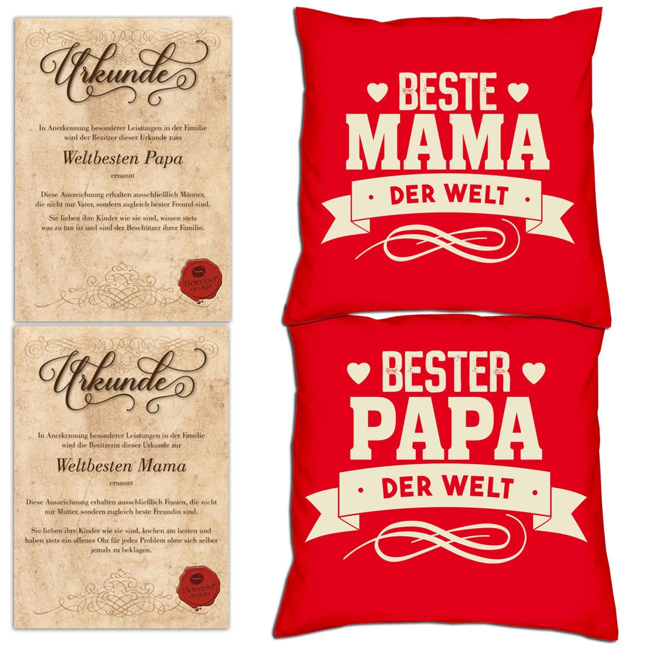 Soreso® Dekokissen Kissen-Set Bester Papa der Welt Beste Mama der Welt mit Urkunden, Weihnachtsgeschenk für Eltern rot
