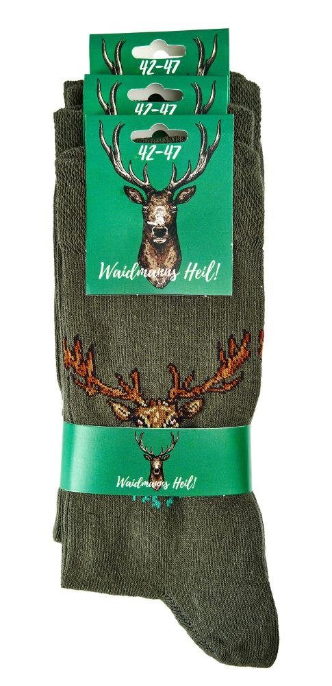 FussFreunde Freizeitsocken 3 Paar Jagd Socken Jägersocken mit Hirsch Motiv Unisex handgekettelt (3 Paar) im klassischen Jägergrün, schönes Hirschmotiv am Schaft