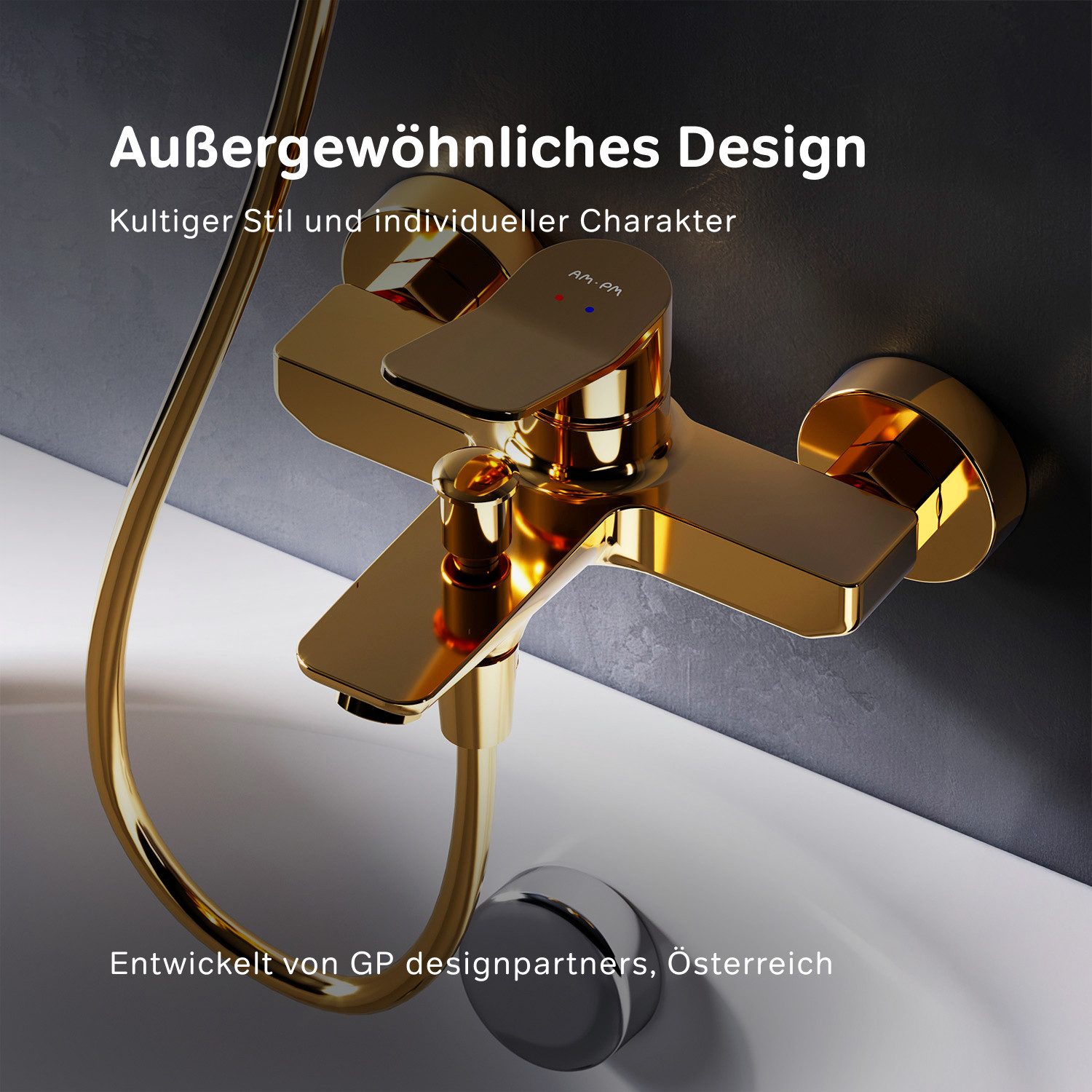 AM.PM Badarmatur Bad Armatur Wannenarmatur X-JOY Mischbatterie Wasserhahn Badewanne (Badezimmerarmatur Badewannenarmatur mit Duschschlauchanschluss, Farbe: Gold, Einhebelmischer mit Auslauf) inkl. 2 x Abdeckrosetten