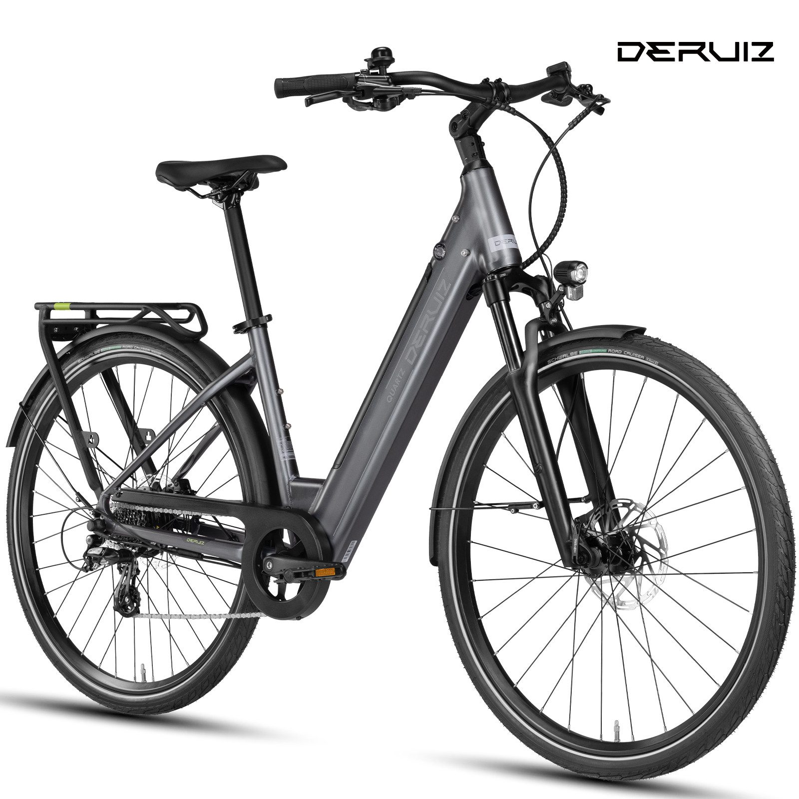 DERUIZ E-Bike Cityrad 28 Zoll Quartz /Quartz SUV 644 Wh, 161 km, Drehmomentsensor, 8 Gang Shimano Shimano Altus RD-M310, 8-Gang Schaltwerk, Kettenschaltung, Heckmotor, 644 Wh, (Federgabel mit Lockout, Drehmomentsensor, Farb-LCD-Display), 60-mm-Federweg, mit mechanischem Lockout, Drehmomentsensor