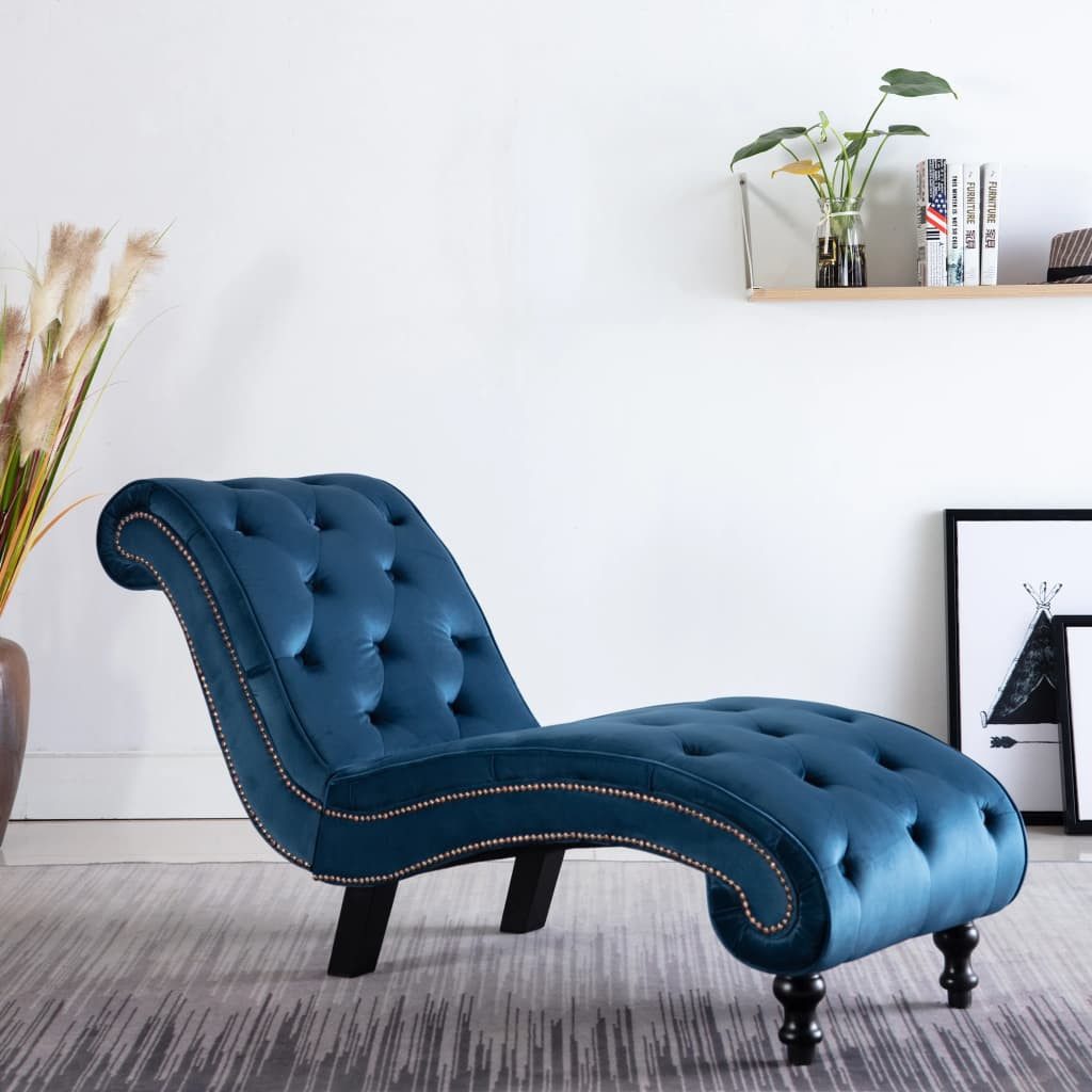 furnicato Chaiselongue Chaiselounge Samt Blau 145 x 52 x 77 cm, 1 Teile, Edle Recamiere mit Knopfpolsterung und ergonomischem Schnörkel-Design