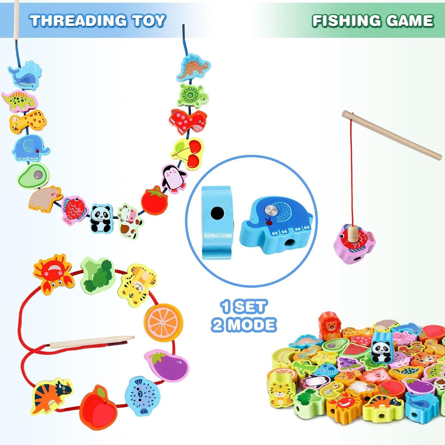 POPOLIC Lernspielzeug 2 in 1 Fädelspiel Montessori Spielzeug (46 Psc Magnetisches Angelspiel Spiele ab 2 3 Jahre - Obst GemüSe Tiere Holzspielzeug, 1-St), Lernspiele Motorikspielzeug Geschenk für Kinder