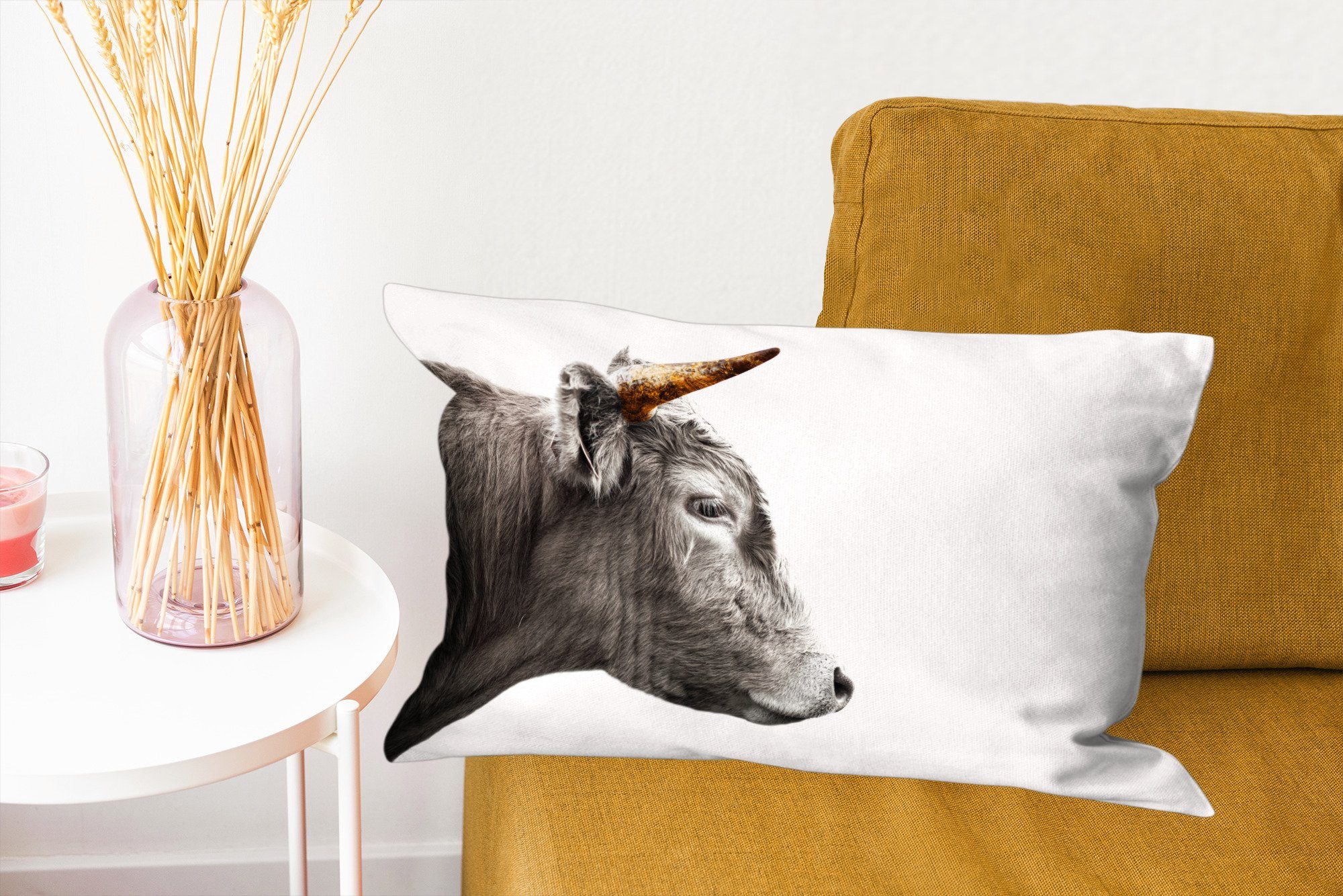 mit Wohzimmer - Zierkissen, Dekokissen MuchoWow - Highlander Schlafzimmer Schottischer - Tiere Dekoration, Dekokissen Gold, Füllung, Horn