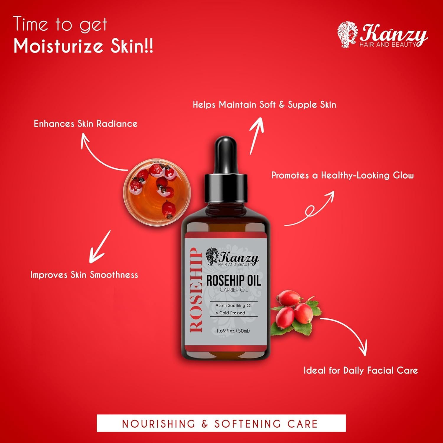 KANZY Körperöl Hagebuttenöl Kaltgepresst 100% Rein Vielseitig einsetzbar für Gesicht, Körper, Haare und Nägel, ohne Zusatzstoffe. Vegan und nicht raffiniert.