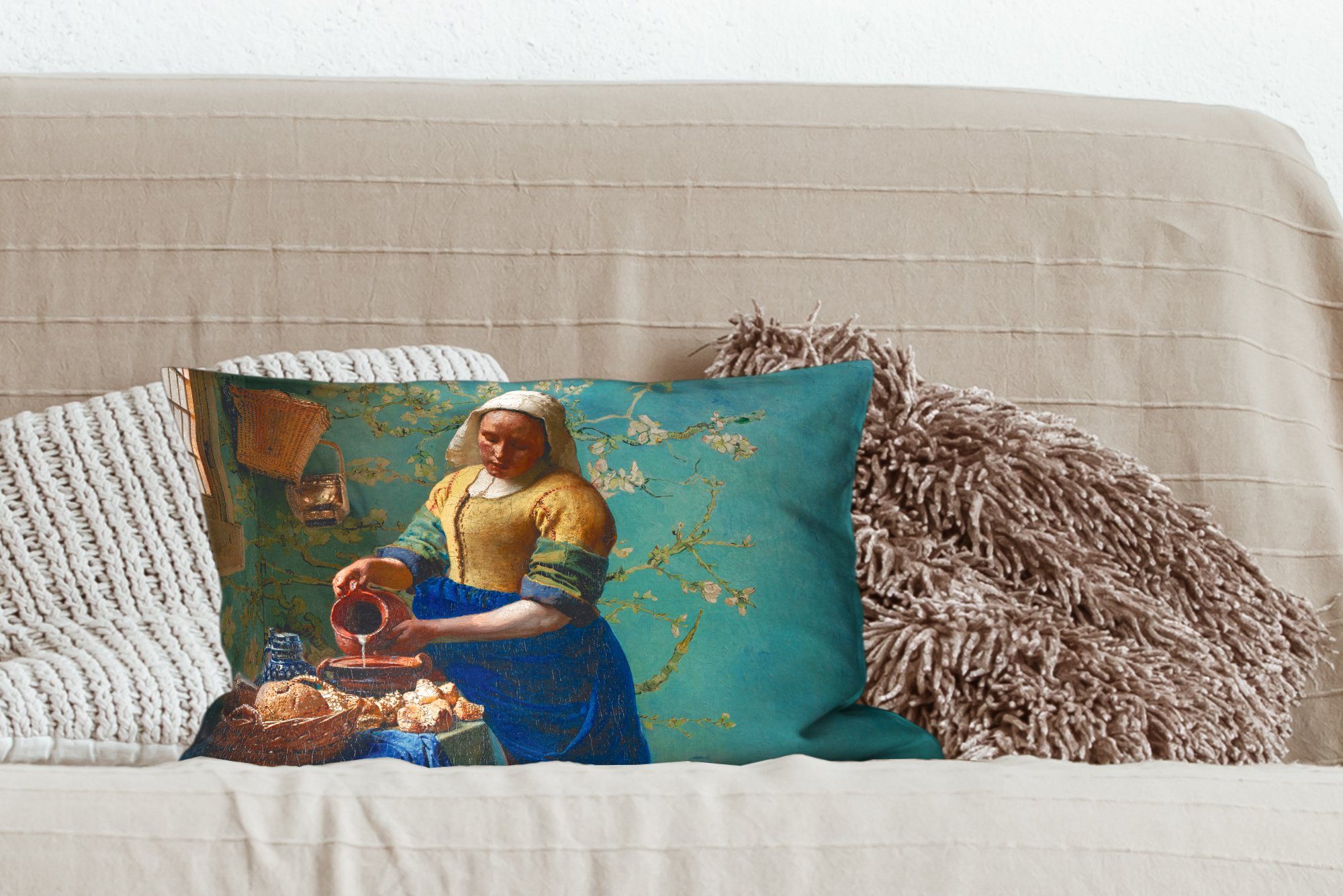 Dekoration, Füllung, Schlafzimmer Van Alte, MuchoWow Milchmädchen Gogh Vermeer Gemälde - Mandelblüte Dekokissen Dekokissen Zierkissen, - - mit Wohzimmer - -