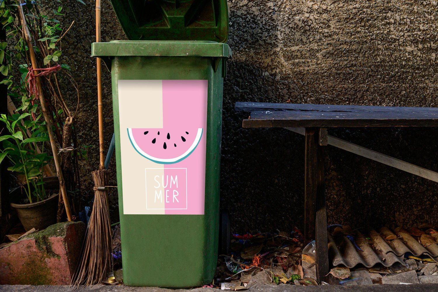 - (1 MuchoWow Rosa St), Wandsticker - Mülleimer-aufkleber, Sticker, Wassermelone Mülltonne, Container, Pastell Abfalbehälter