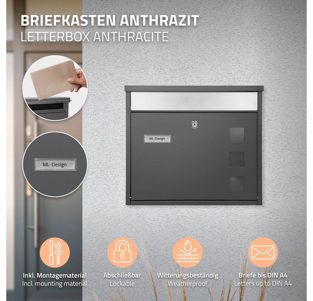 Thumbnail - ML-DESIGN Briefkasten Wandbriefkasten Postkasten Design Briefkastenanlage Postbox, Standbriefkasten inkl. 2 Schlüssel St...
