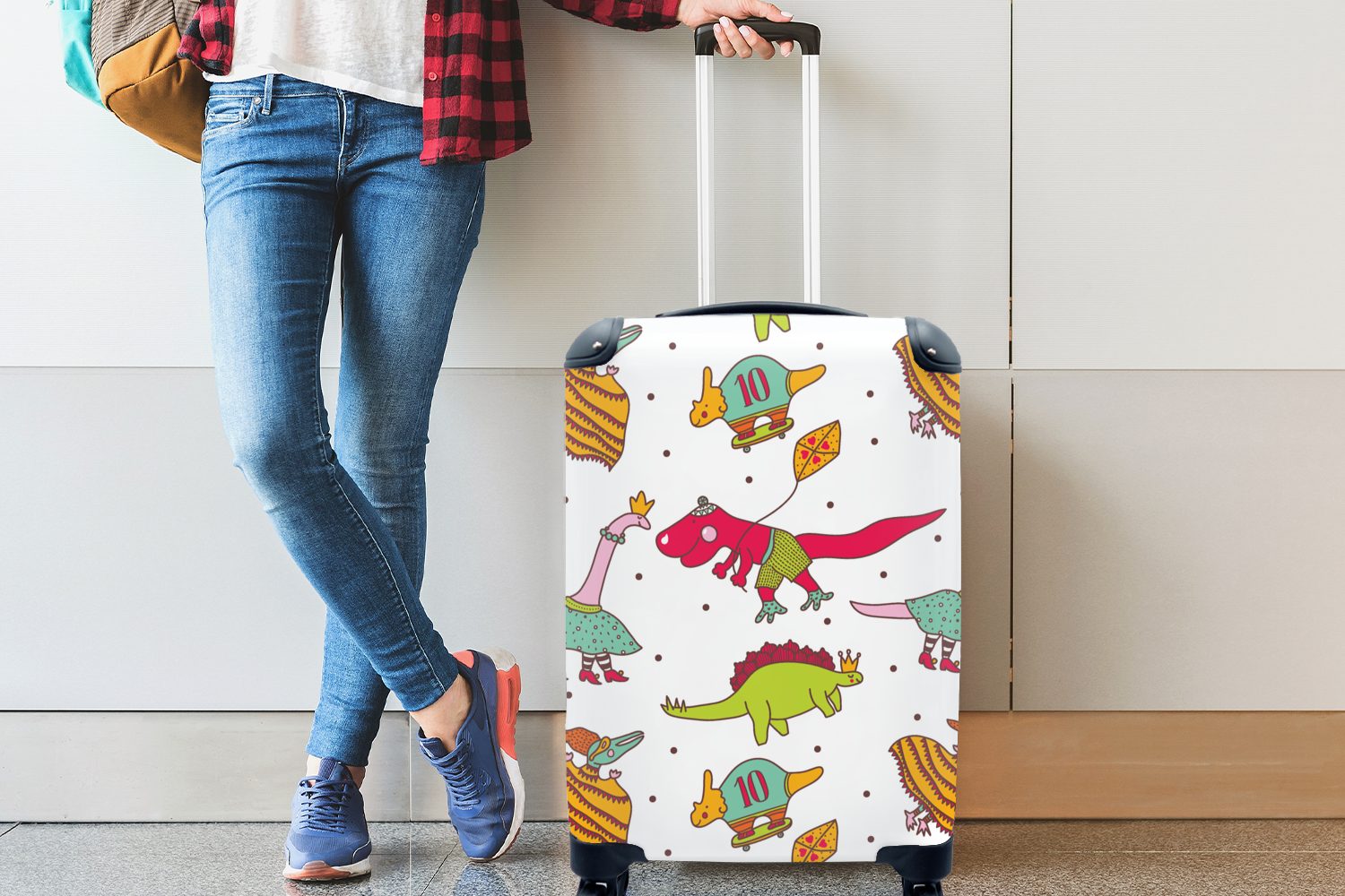 Reisetasche Ferien, MuchoWow Handgepäck Dino Trolley, rollen, - mit - - Reisekoffer - - Farben Jungen Rollen, für 4 Handgepäckkoffer Muster Kinder Kind,