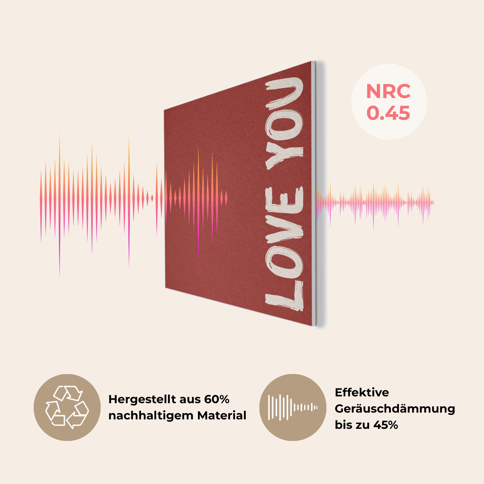 MuchoWow Gemälde Schräg - Loveyou - Rot, Fotodruck (1 St), Akustikpaneele PET-Filz, Akustikbild, Schalldämmung, Deko 40x30 cm