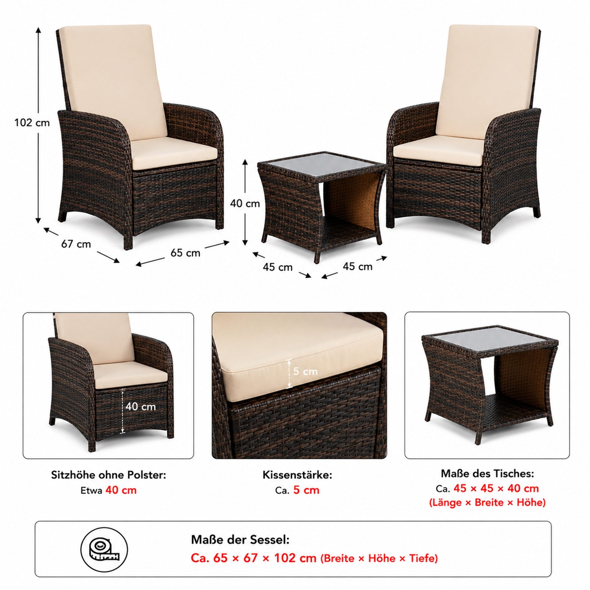 Mucola Balkonset Balkonmöbel-Set 3-teilig aus Polyrattan inkl. Auflagen für Balkon, (Balkonmöbel-Set, 3-tlg., 3-teiliges Balkonmöbel-Set für 2 Personen), platzs – Bild 3 von 5