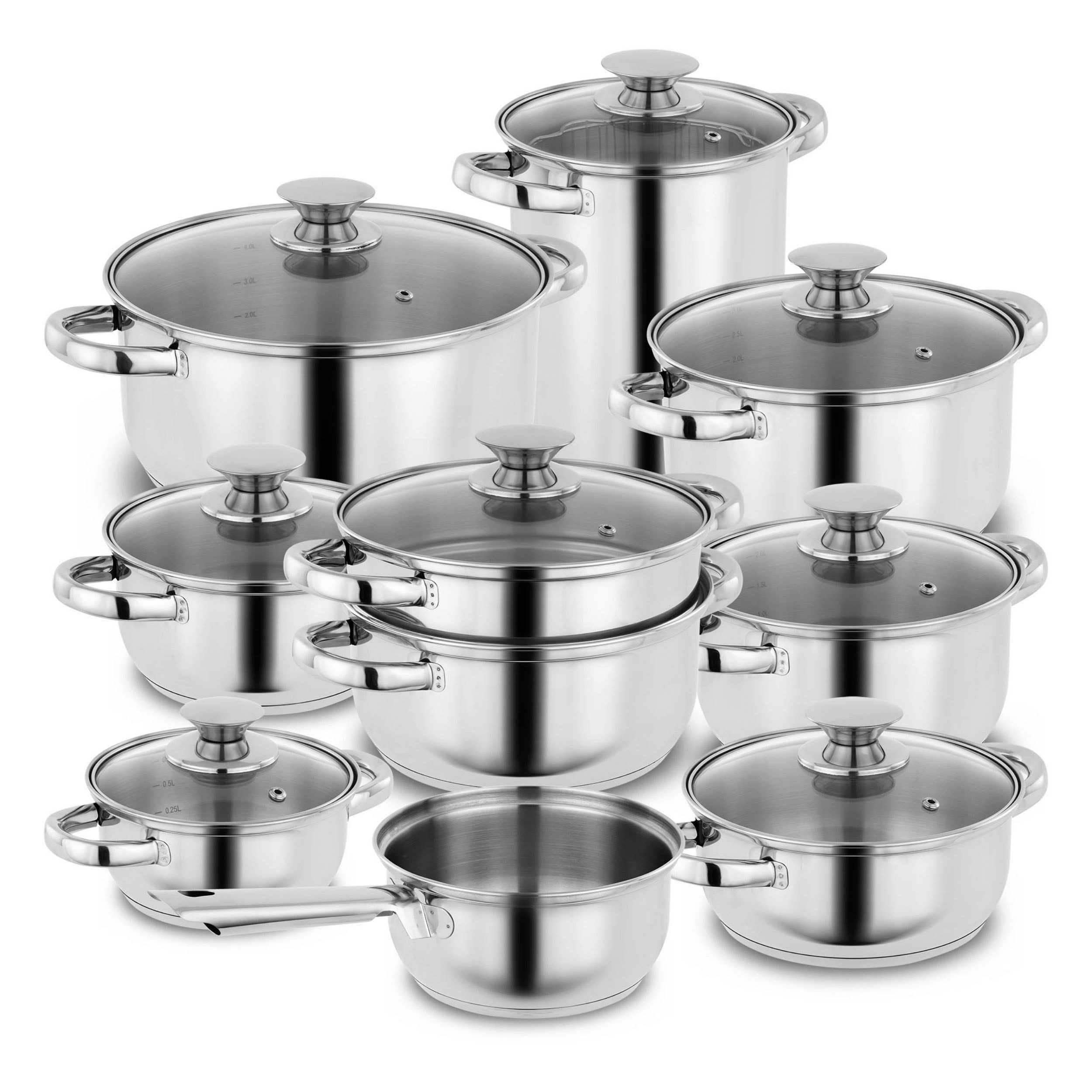 Kopf Topf-Set Janina, Edelstahl (19-tlg), inkl. 8 Glasdeckel, Induktion
