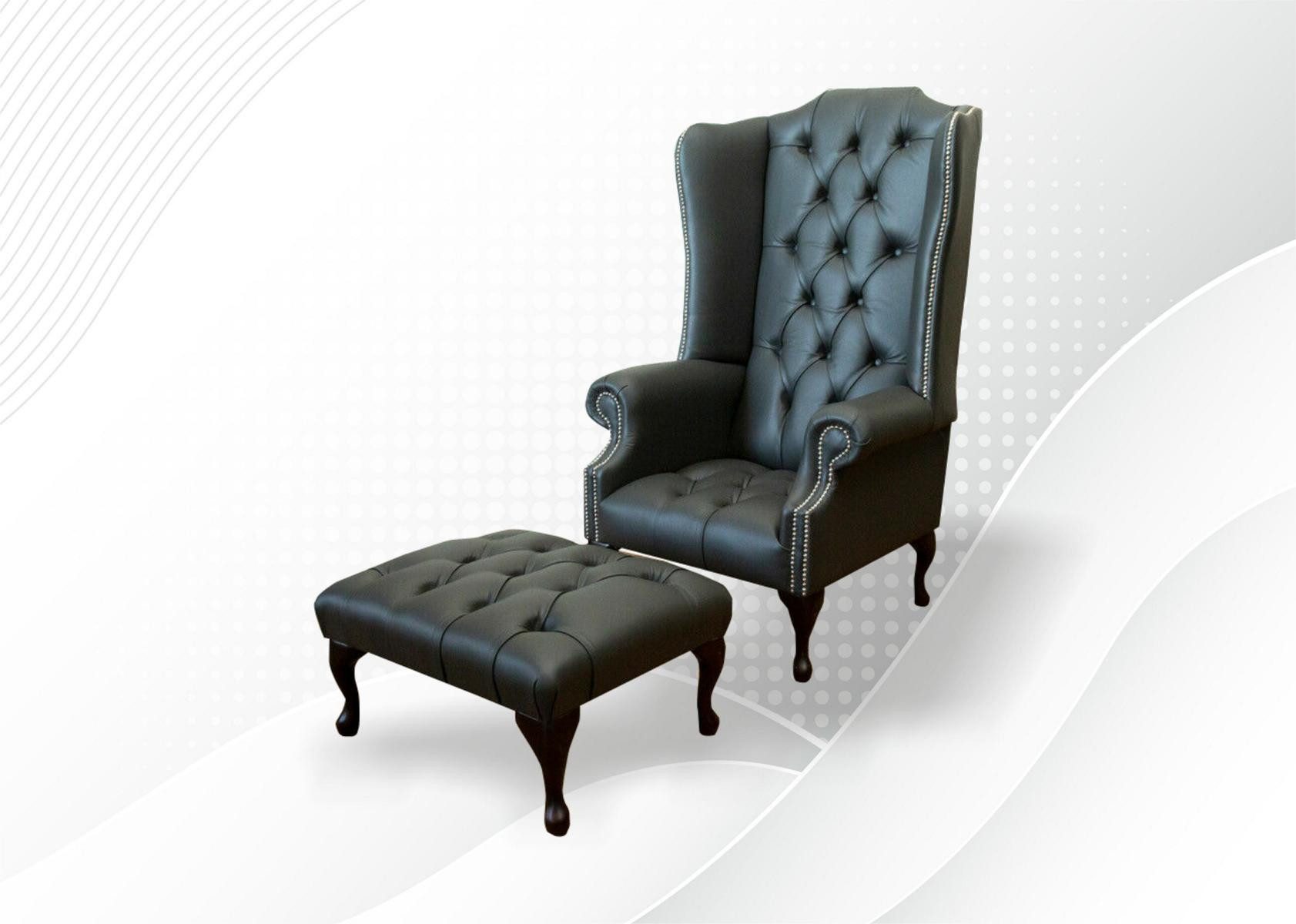 JVmoebel Ohrensessel Lounge Sessel aus schwarzem Echtleder im Chesterfield-Stil (Packung, 2-St., Sessel mit Hocker), Made in Europa