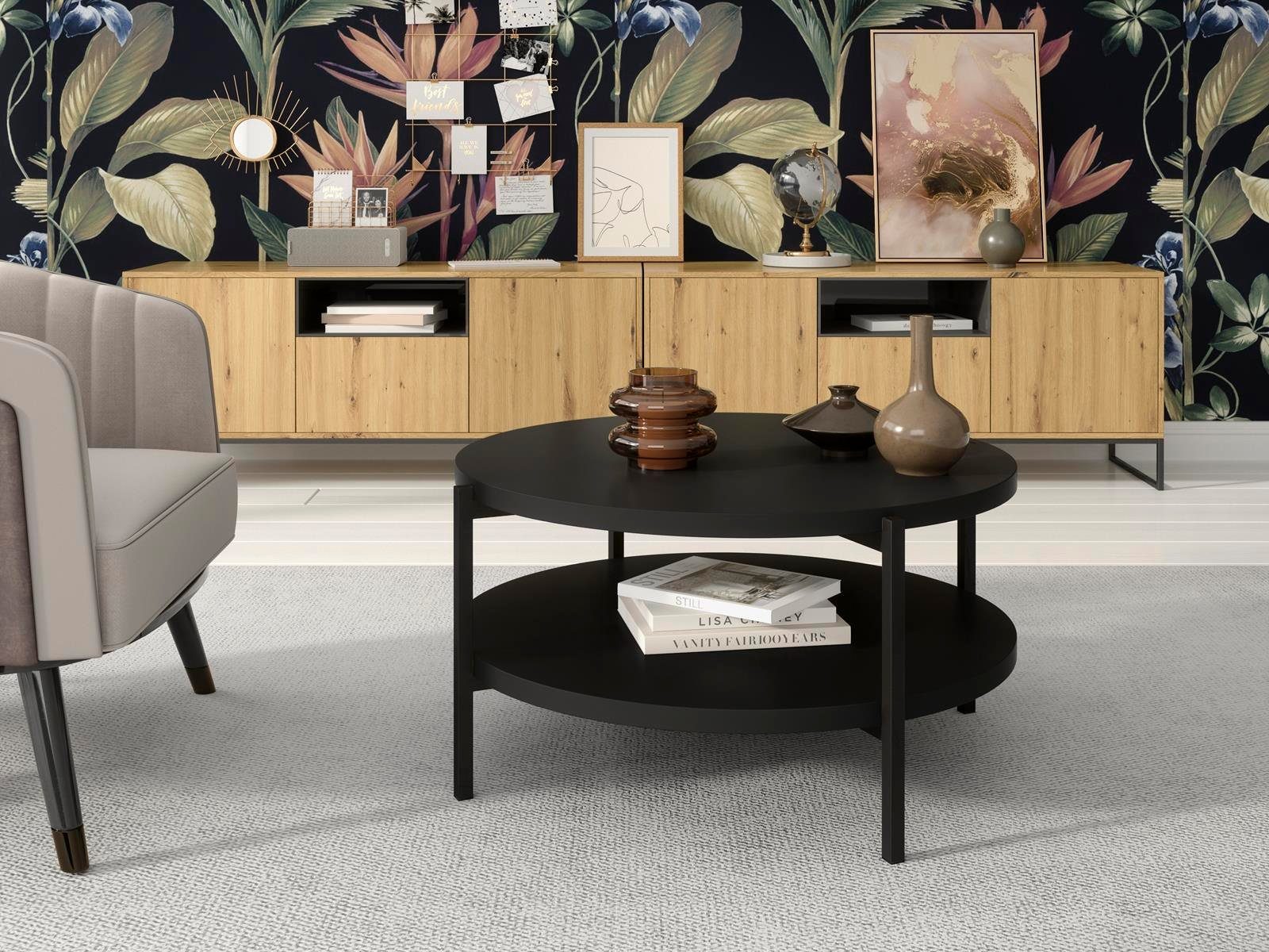 Beautysofa Couchtisch Sigma B (Tisch für Wohnzimmer, aus Spanplatte, mit Metallgestell), mit zwei Tischplatten, runder Kaffeetisch Schwarz