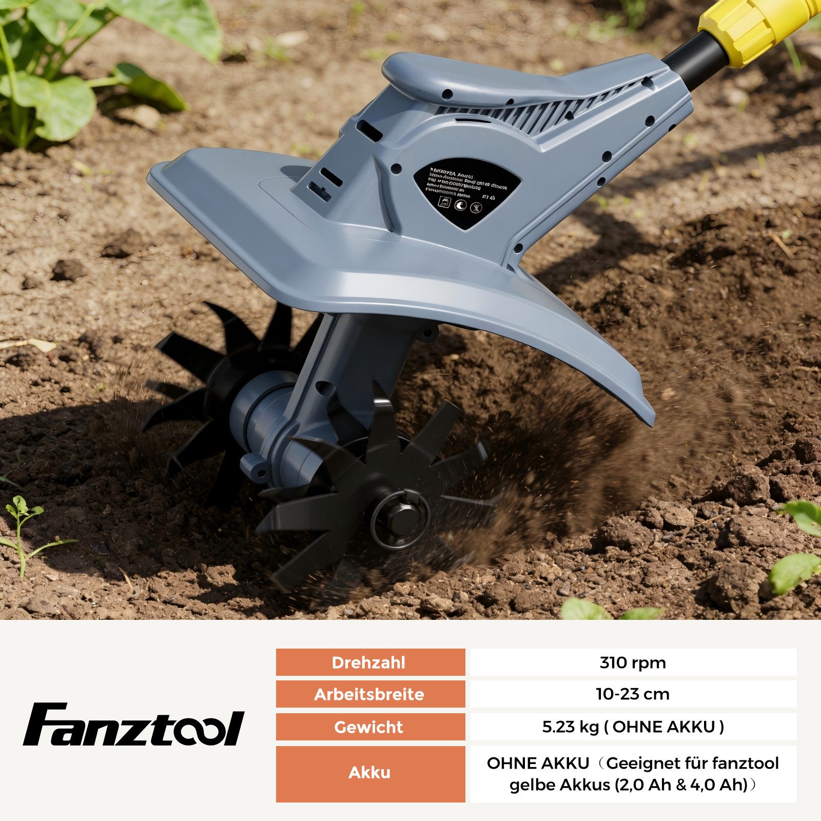 Fanztool Akku-Motorhacke FANZTOOL Akku Gartenfräse mit 4 Robuste Hackmesser (ohne Akku)