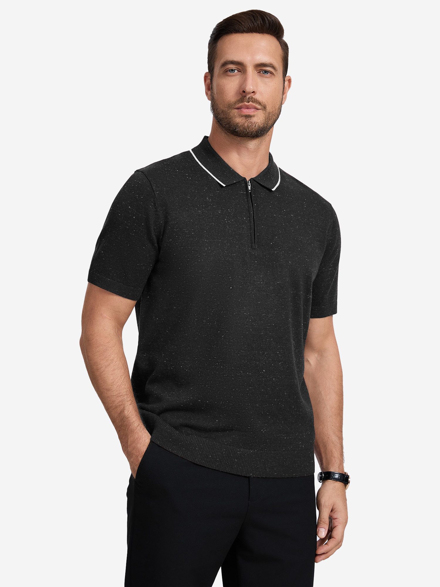 VANTORY Poloshirt Herren Business‑Casual Strickpolo mit Mélange‑Optik (Packung, 1-tlg., 1per-Pack) mit Halb‑Reißverschluss