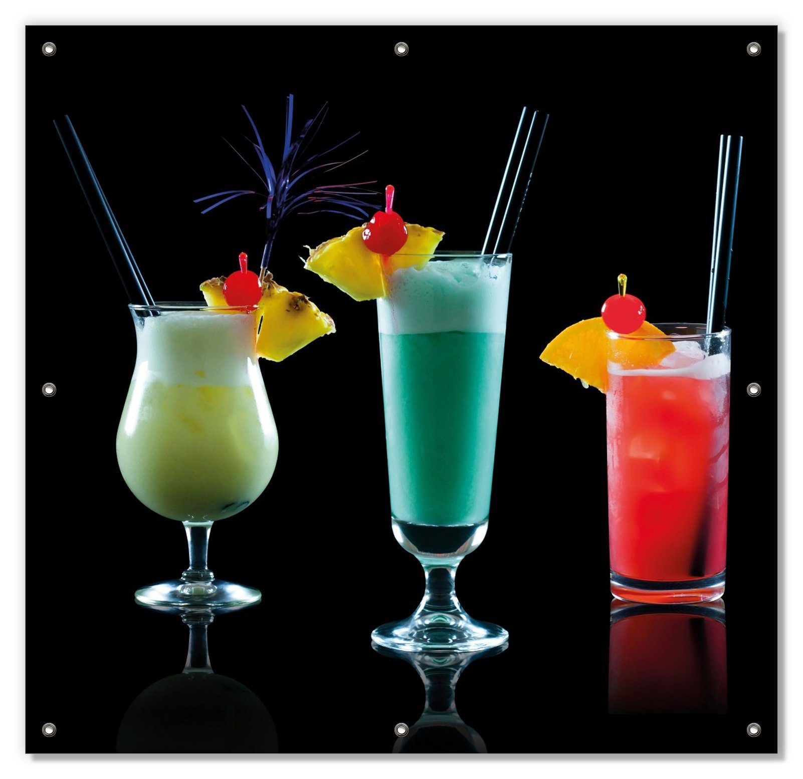 Sonnenschutz Bunte Cocktails vor schwarzem Hintergrund, Wallario, blickdicht, mit Saugnäpfen, wiederablösbar und wiederverwendbar