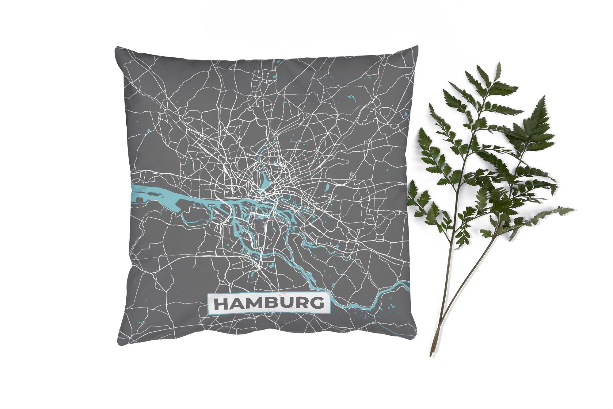MuchoWow Dekokissen Stadtplan - Hamburg - Deutschland - Karte, Zierkissen mit Füllung für Wohzimmer, Schlafzimmer, Deko, Sofakissen