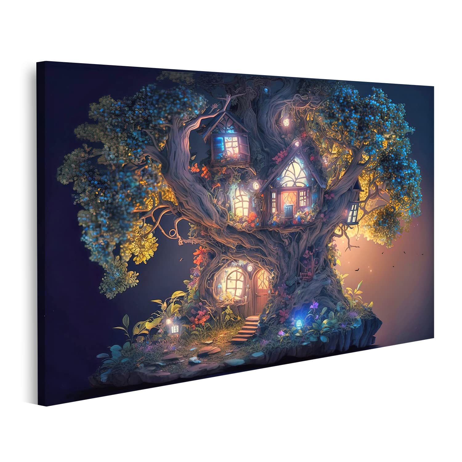 islandburner Leinwandbild Fantasy Haus Magischer Wald Nacht Märchenhaftes Wohnen Baum