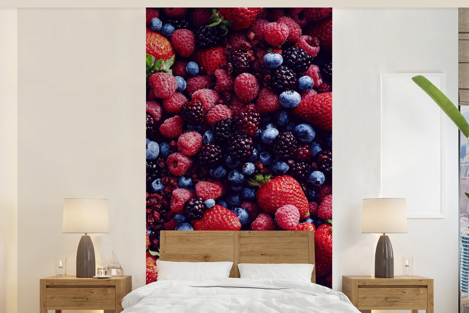 MuchoWow Fototapete Erdbeeren - Heidelbeeren - Stilleben, Matt, bedruckt, (2 St), Vliestapete für Wohnzimmer Schlafzimmer Küche, Fototapete