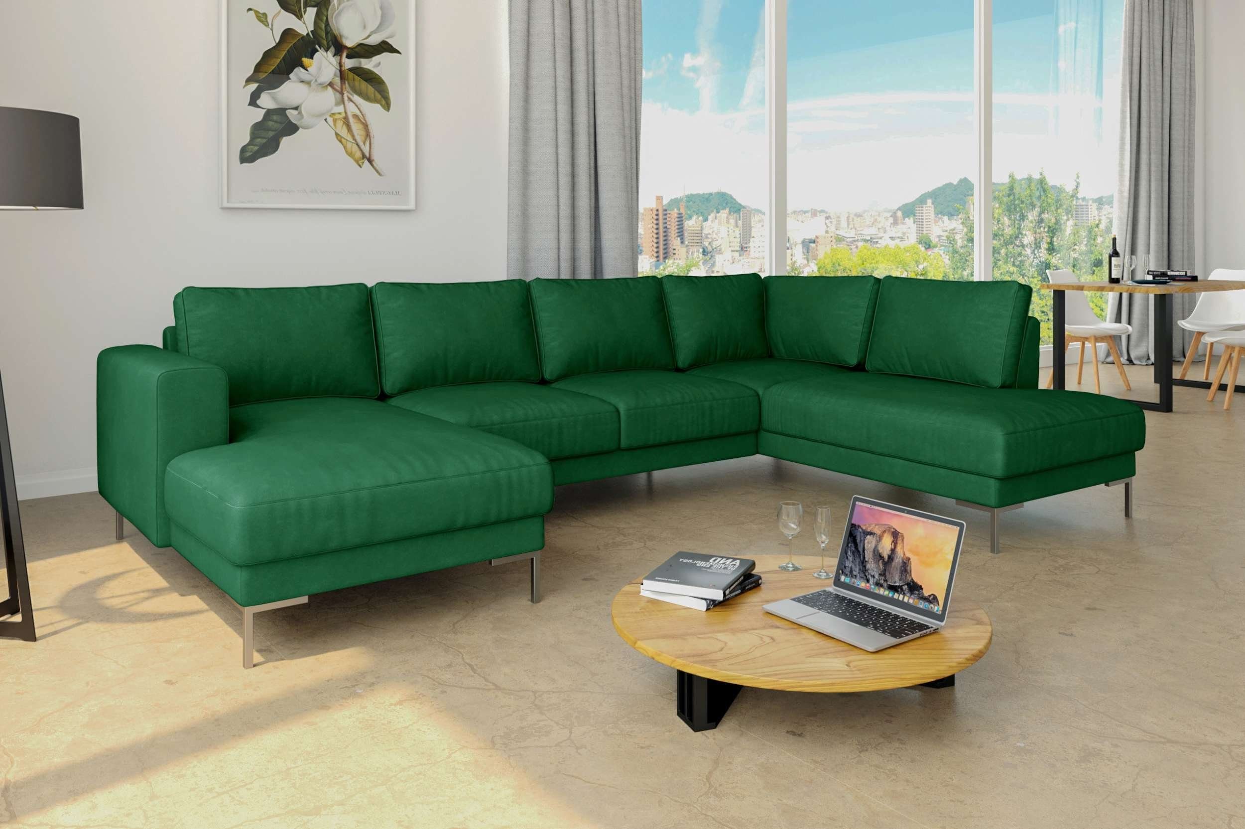 Santini, Wohnlandschaft mane links U-Form, Wellenfederung, im Metall Sofa, mit bestellbar, Raum Stylefy rechts frei oder Modern Grün stellbar, Design,