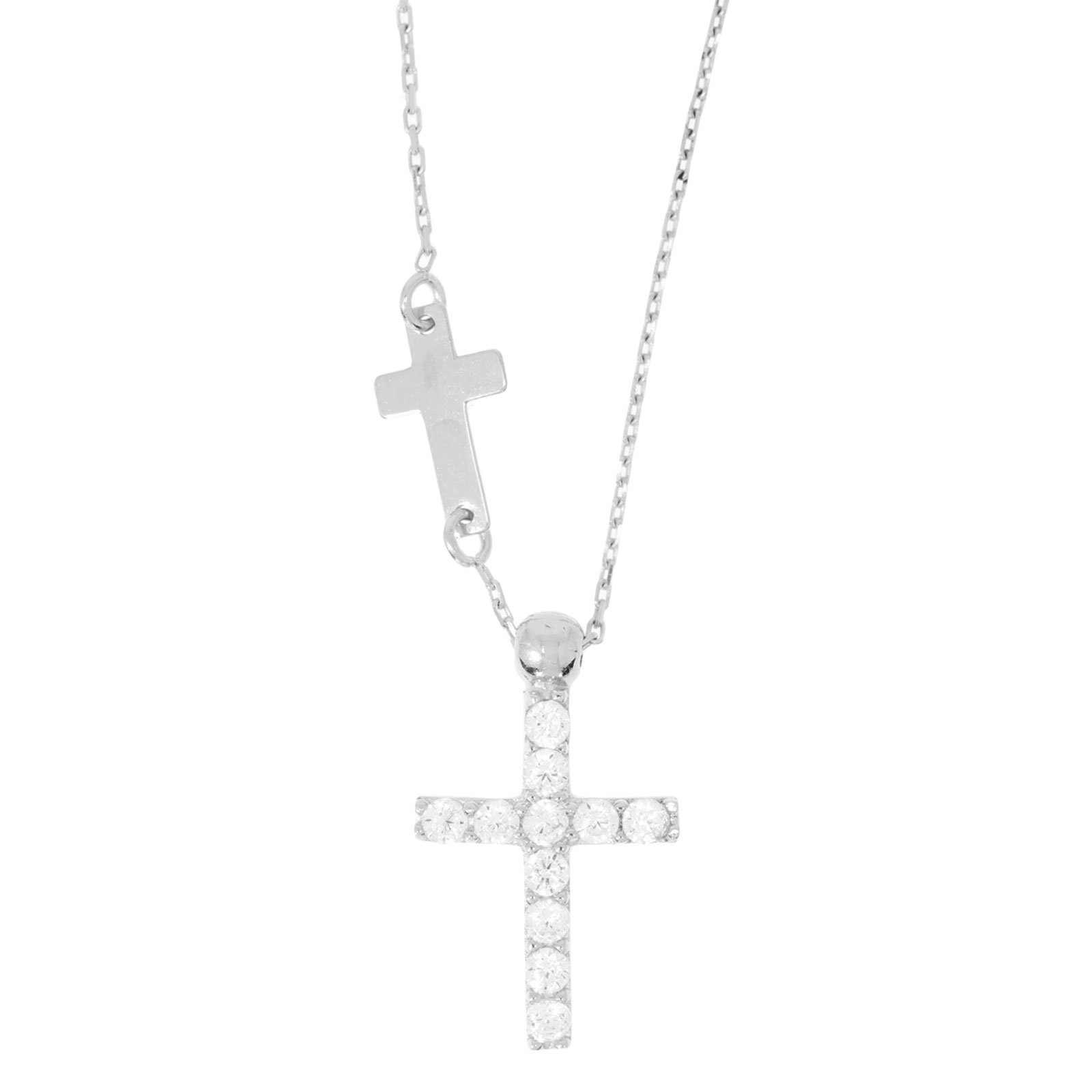 Collier 585 Weißgold Halskette mit Zirkonia Kreuz Anhänger