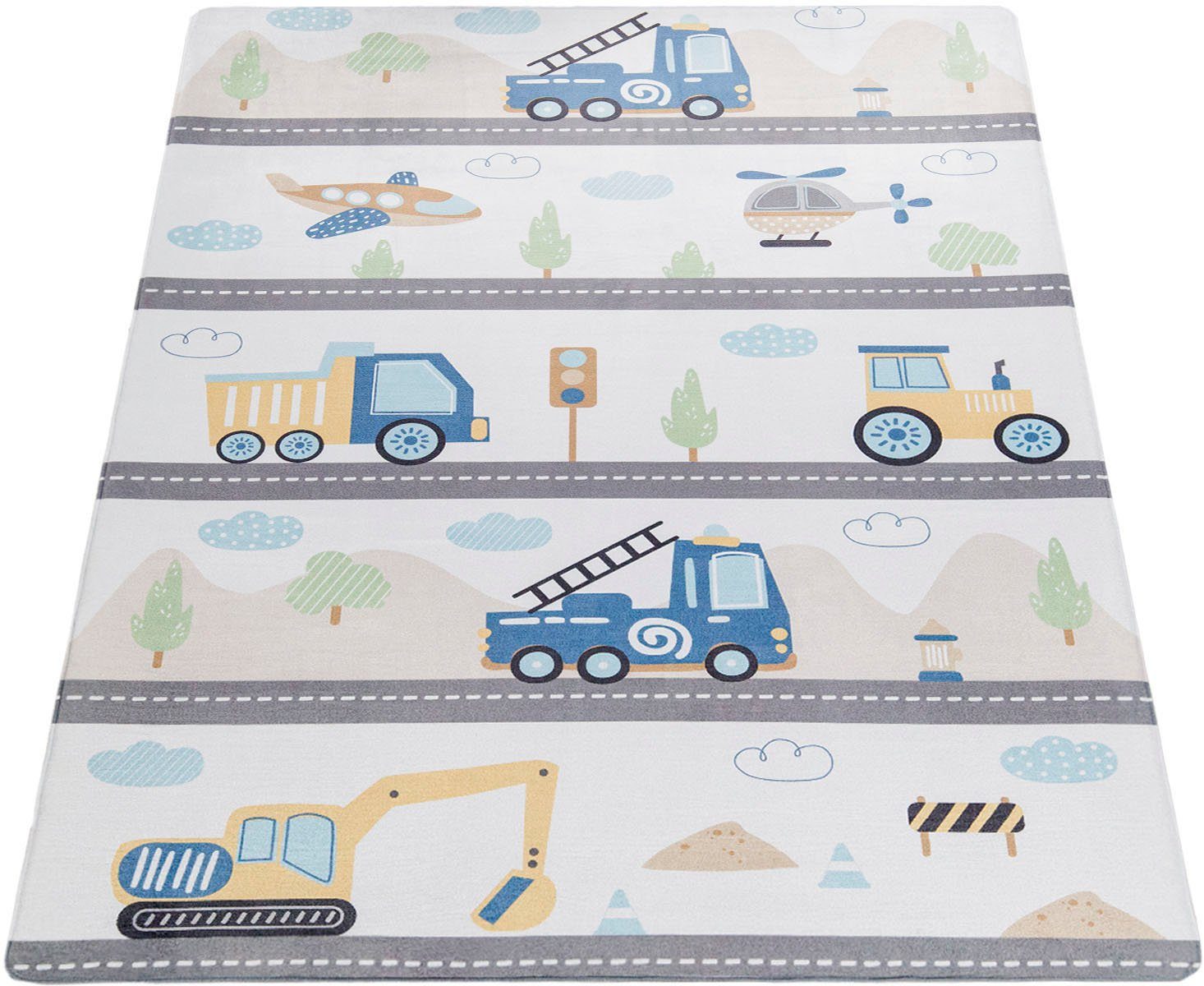 Paco Home Kinderteppich Chicos 561, rechteckig, Höhe: 4 mm, Flachgewebe, Spielteppich, Motiv Fahrzeuge, Kinderzimmer